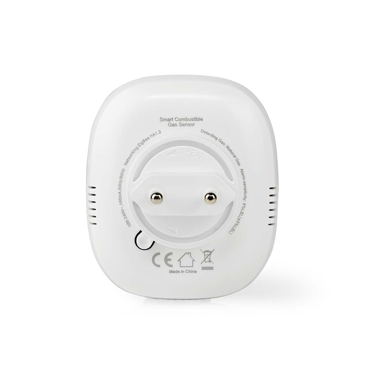 Biały czujnik gazu z wtyczką, Zigbee HA1.2, 100-240V, 100mA, 50/60Hz.