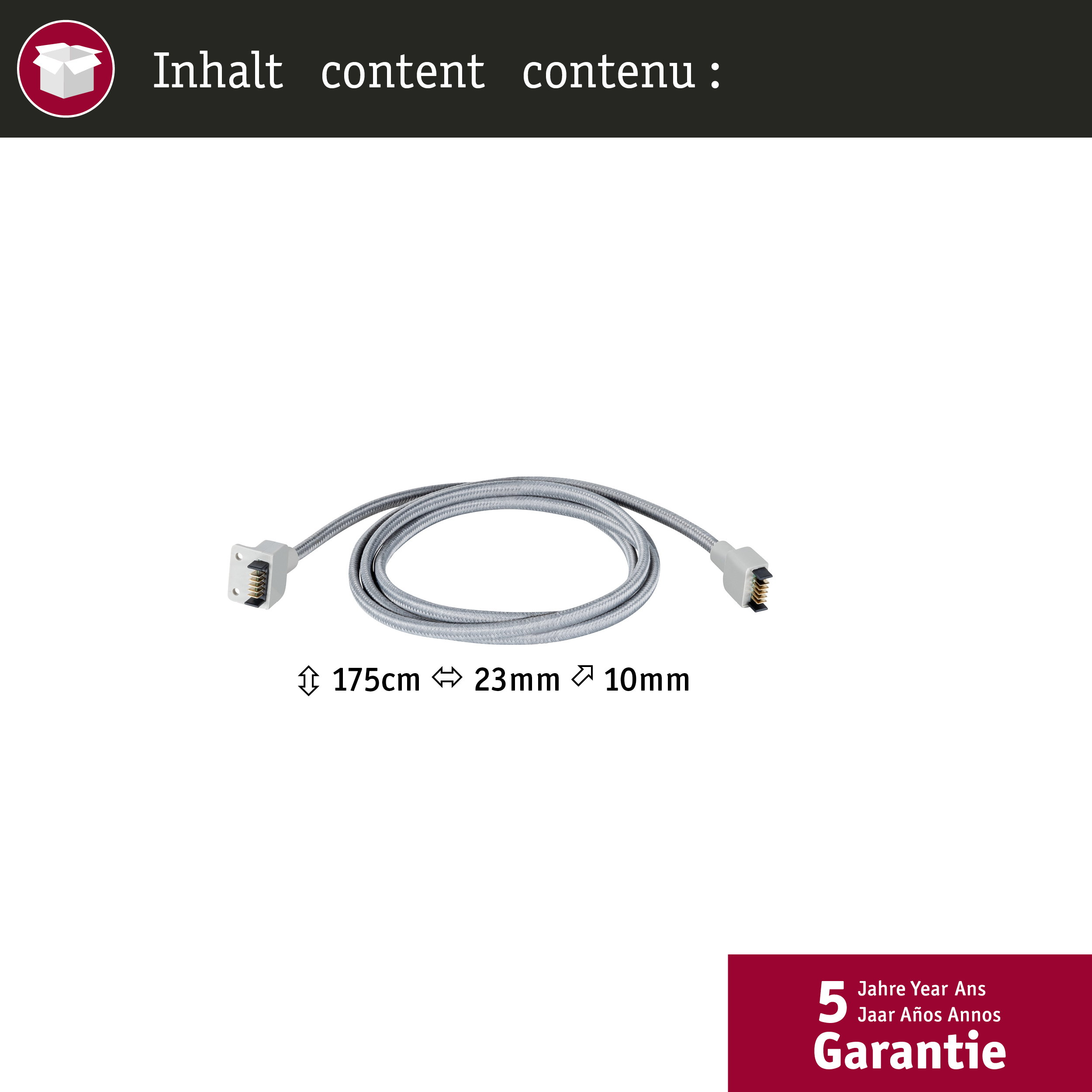 Graues Kabel mit Anschlüssen, 175cm lang, 23mm breit, 10mm dick.