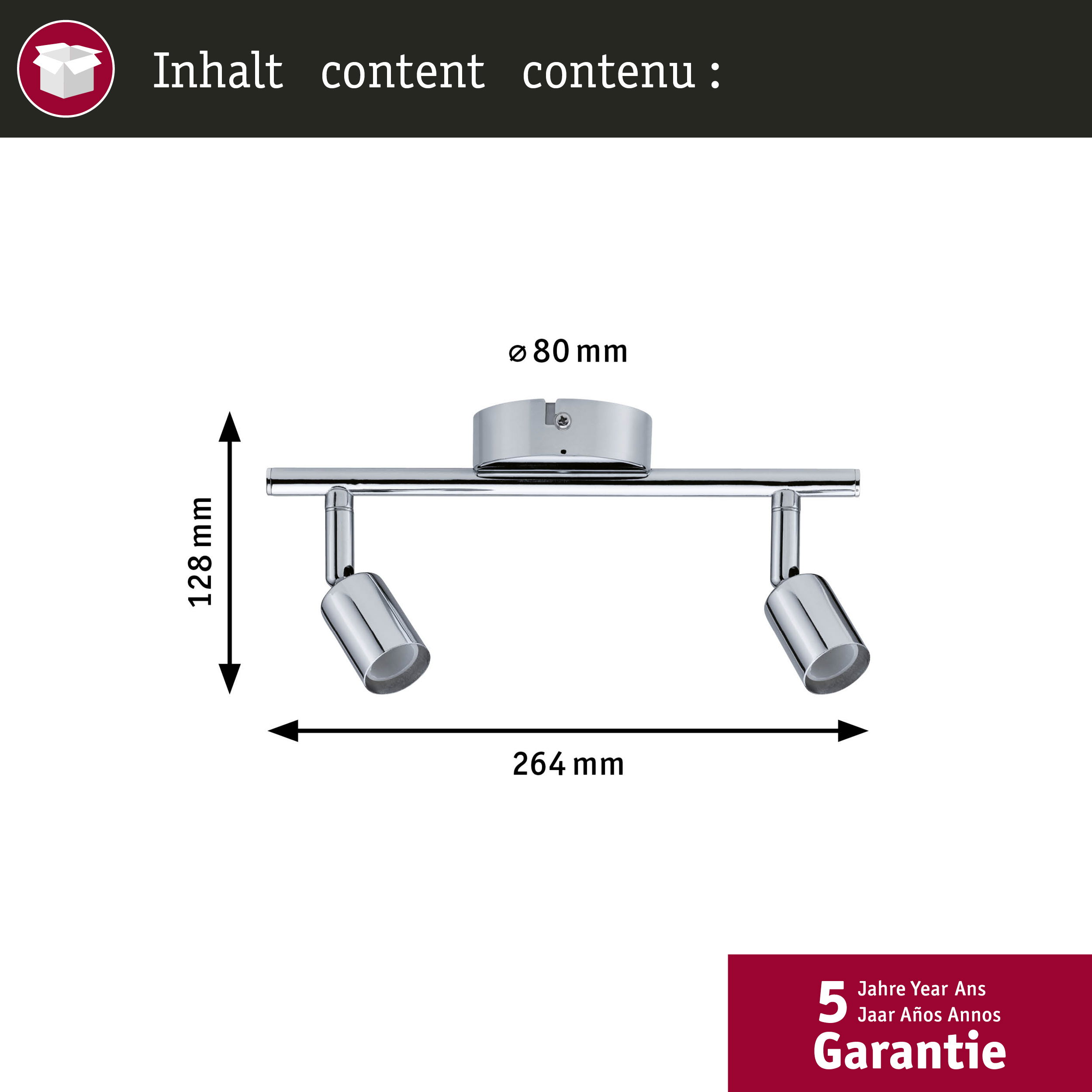 Dwa chromowane spoty na drążku, wymiary 264x128mm, Ø 80mm.
