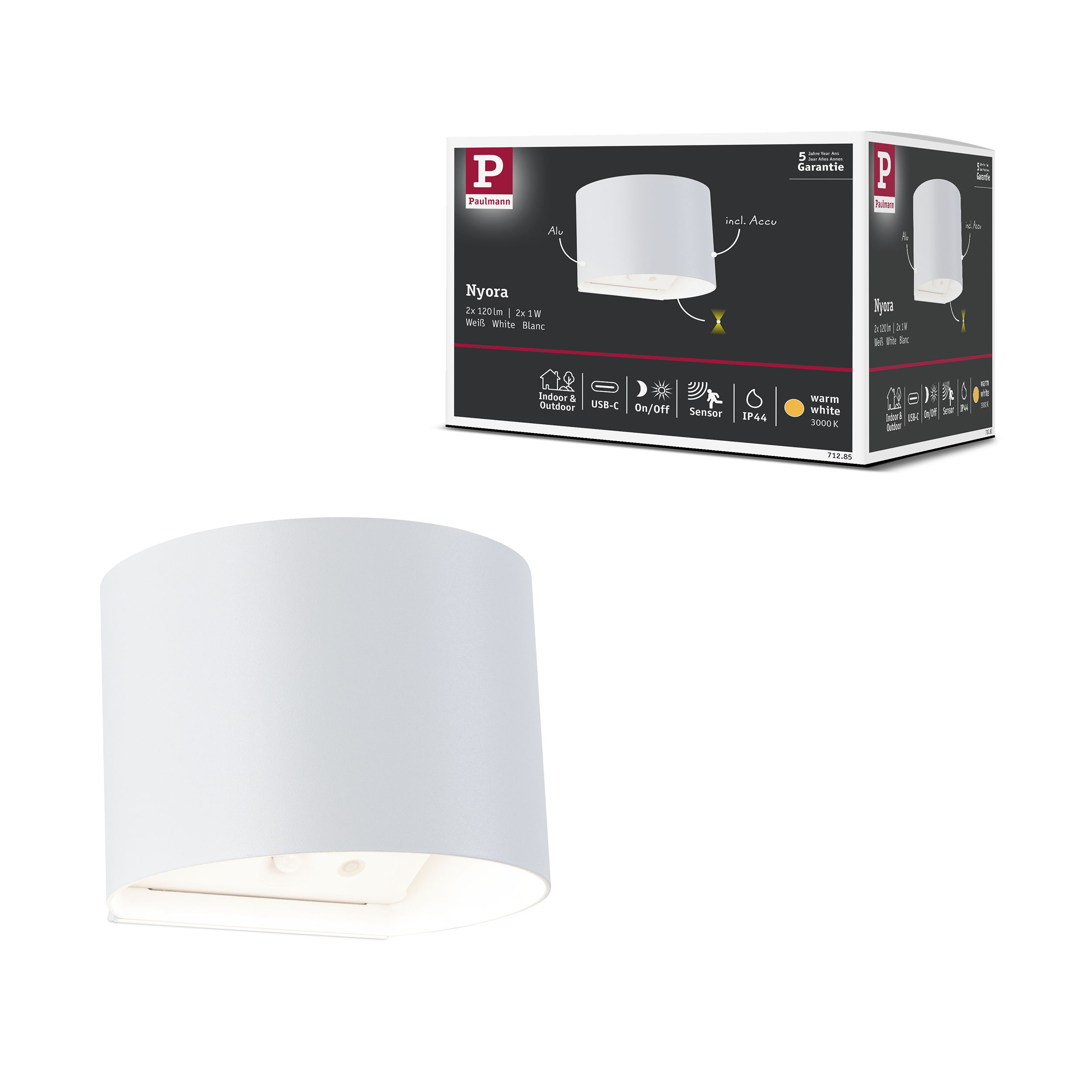 Biała lampa ścienna Paulmann Nyora z czujnikiem i USB-C, w optyce aluminium.