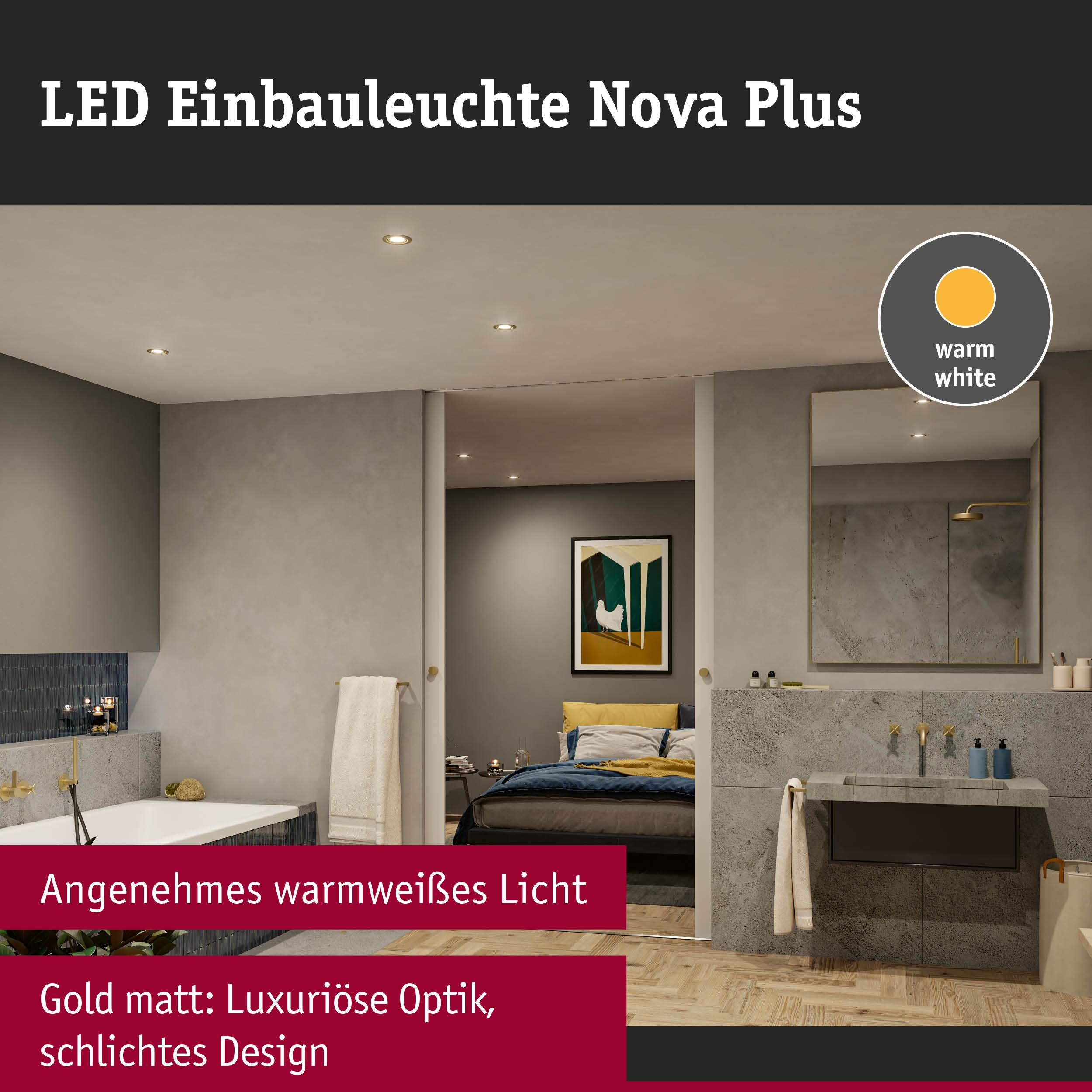Modernes Bad mit Wanne, Dusche, Waschbecken und Bett. Goldakzente.