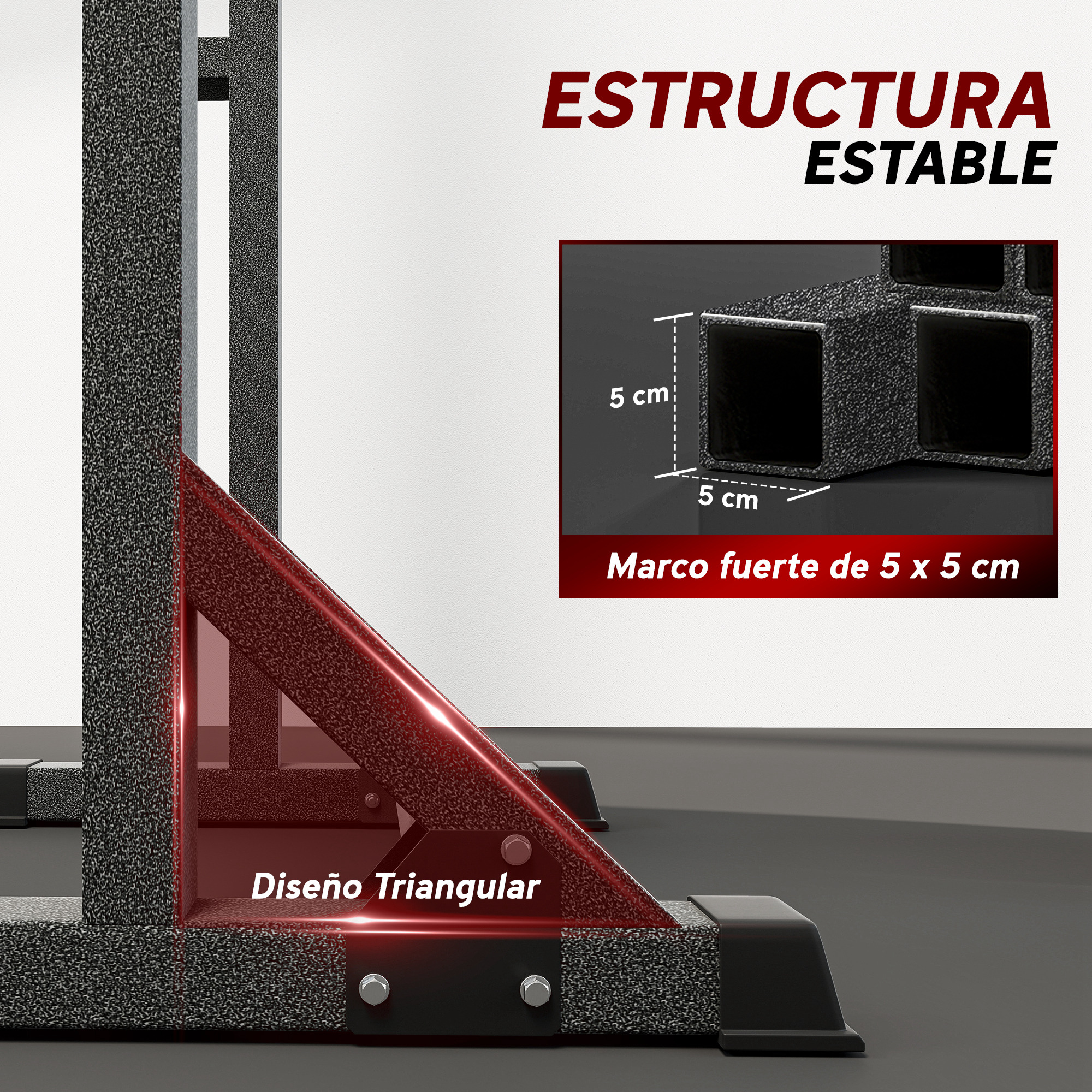 Marco estable de 5x5 cm con diseño triangular. Estructura metálica gris oscuro.