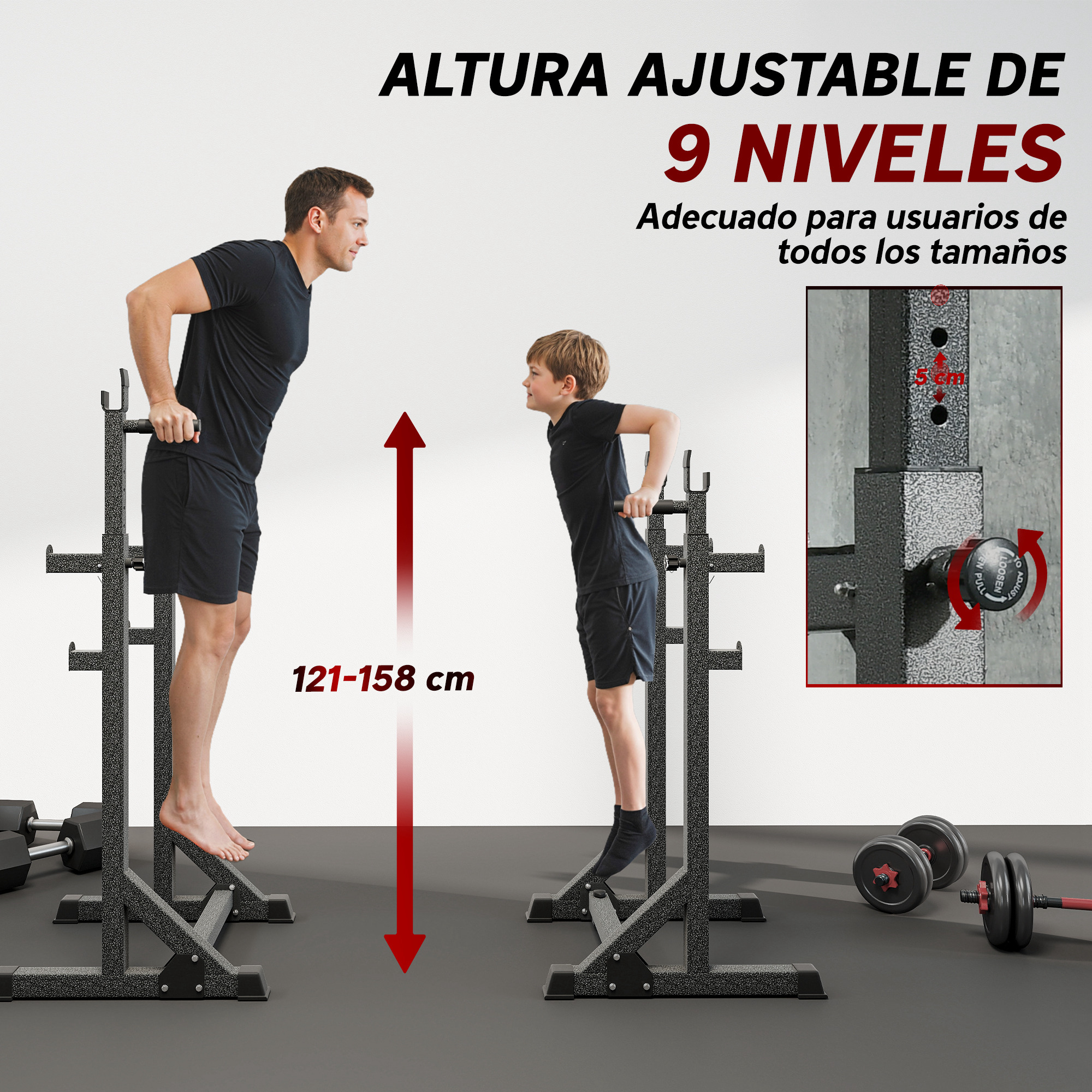 Hombre y niño entrenan en aparato ajustable. Mancuernas al frente. Altura 121-158cm.