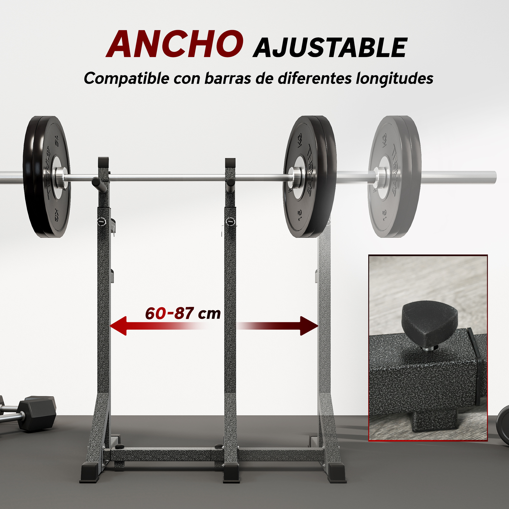 Rack de pesas con barras y un indicador de rango ajustable de 60-87 cm.