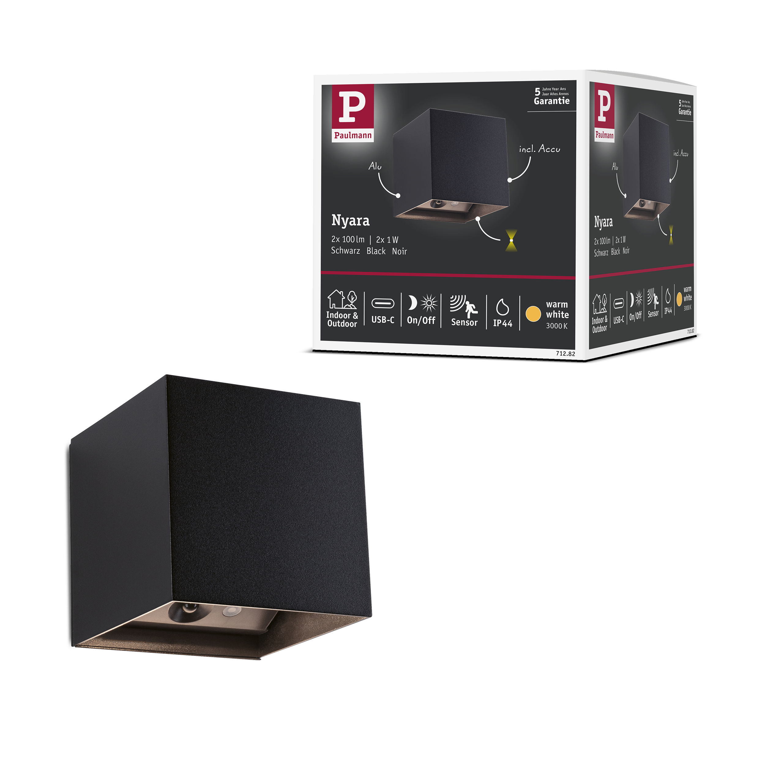 Czarna lampa ścienna Paulmann Nyara z czujnikiem, ciepła biel, IP44.