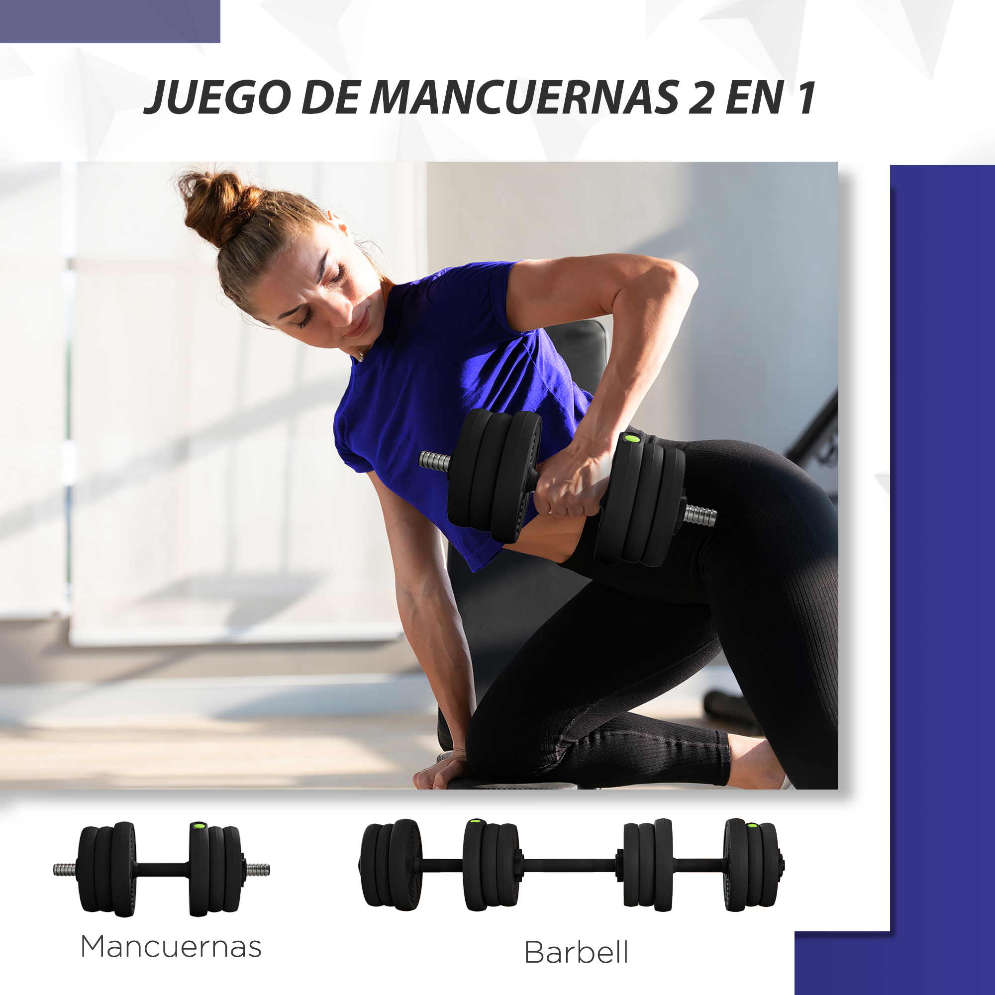 Mujer entrenando con mancuerna, abajo mancuernas y barra.