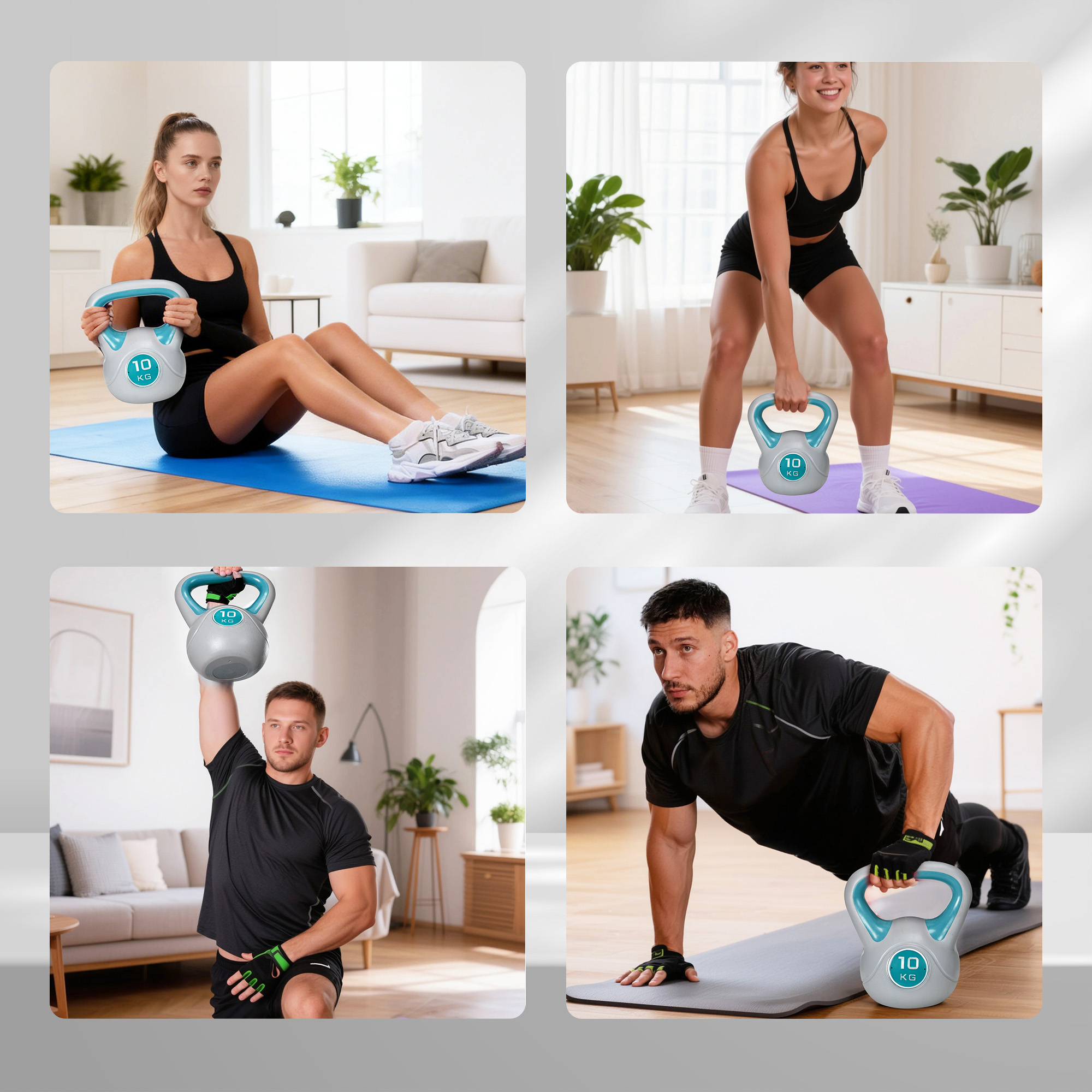 Cuatro escenas de entrenamiento: mujer haciendo abdominales, mujer levantando pesa rusa, hombre levantando pesa rusa, hombre haciendo flexiones.