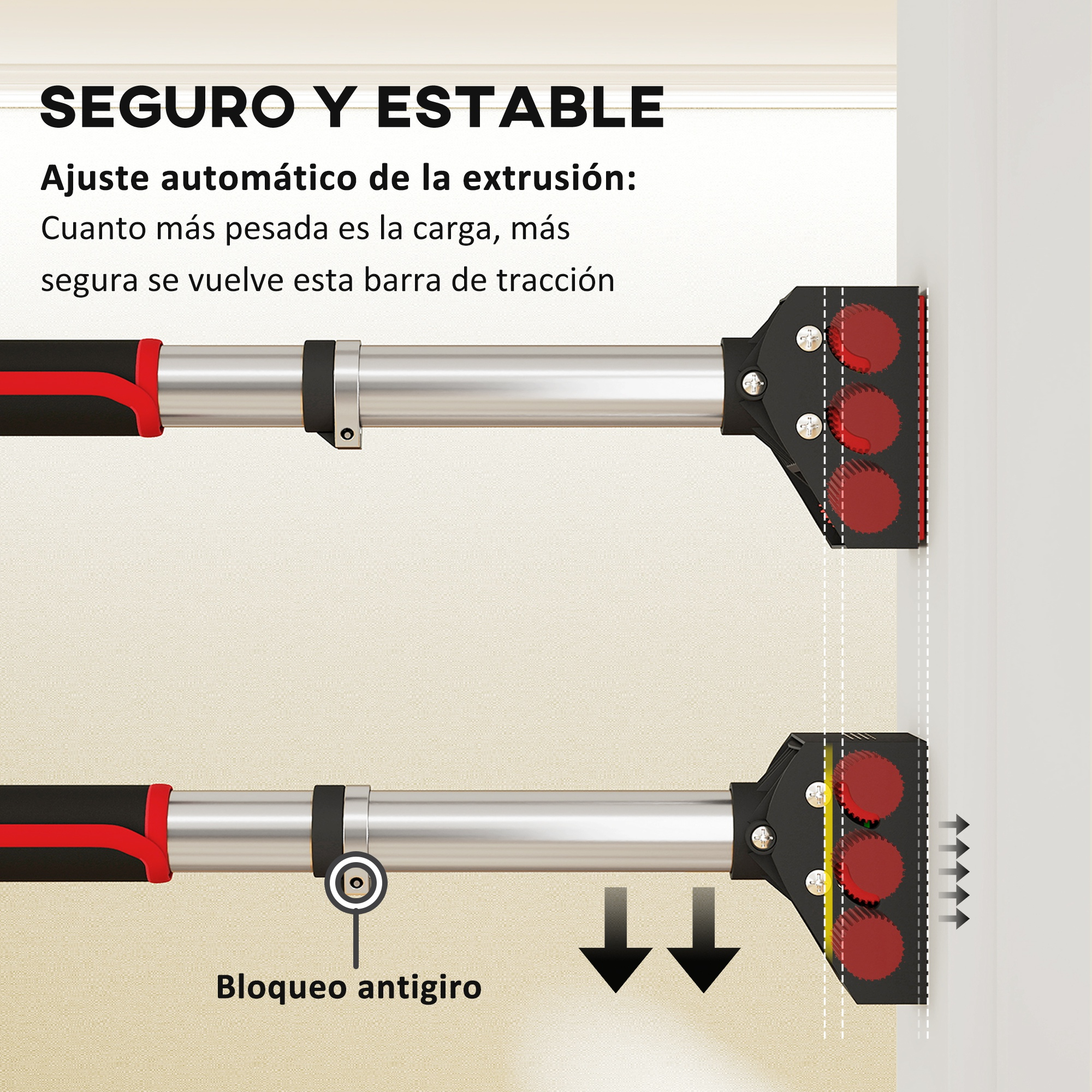 Detalle de barra de tracción con ajuste automático y bloqueo anti-rotación.