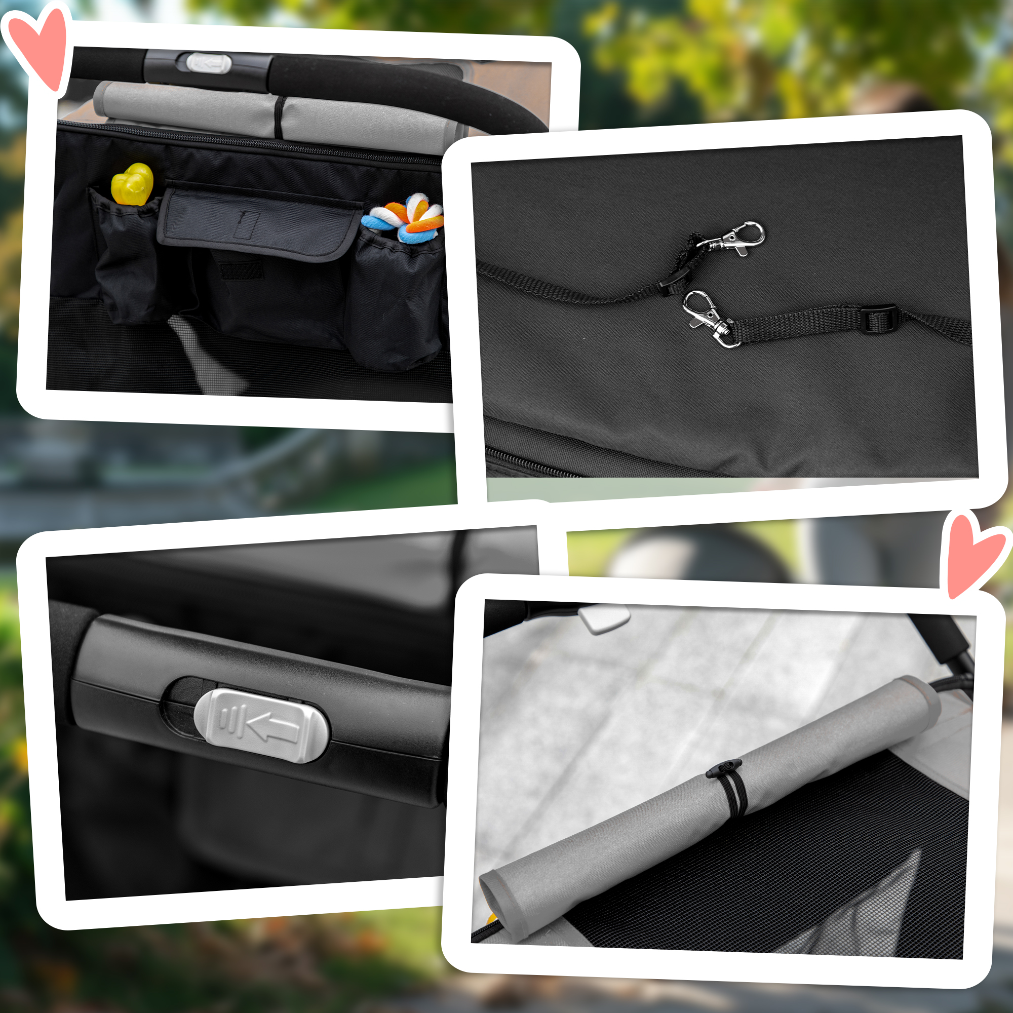 Collage de detalles del cochecito: bolsillos, correas, manillar y funda enrollada.