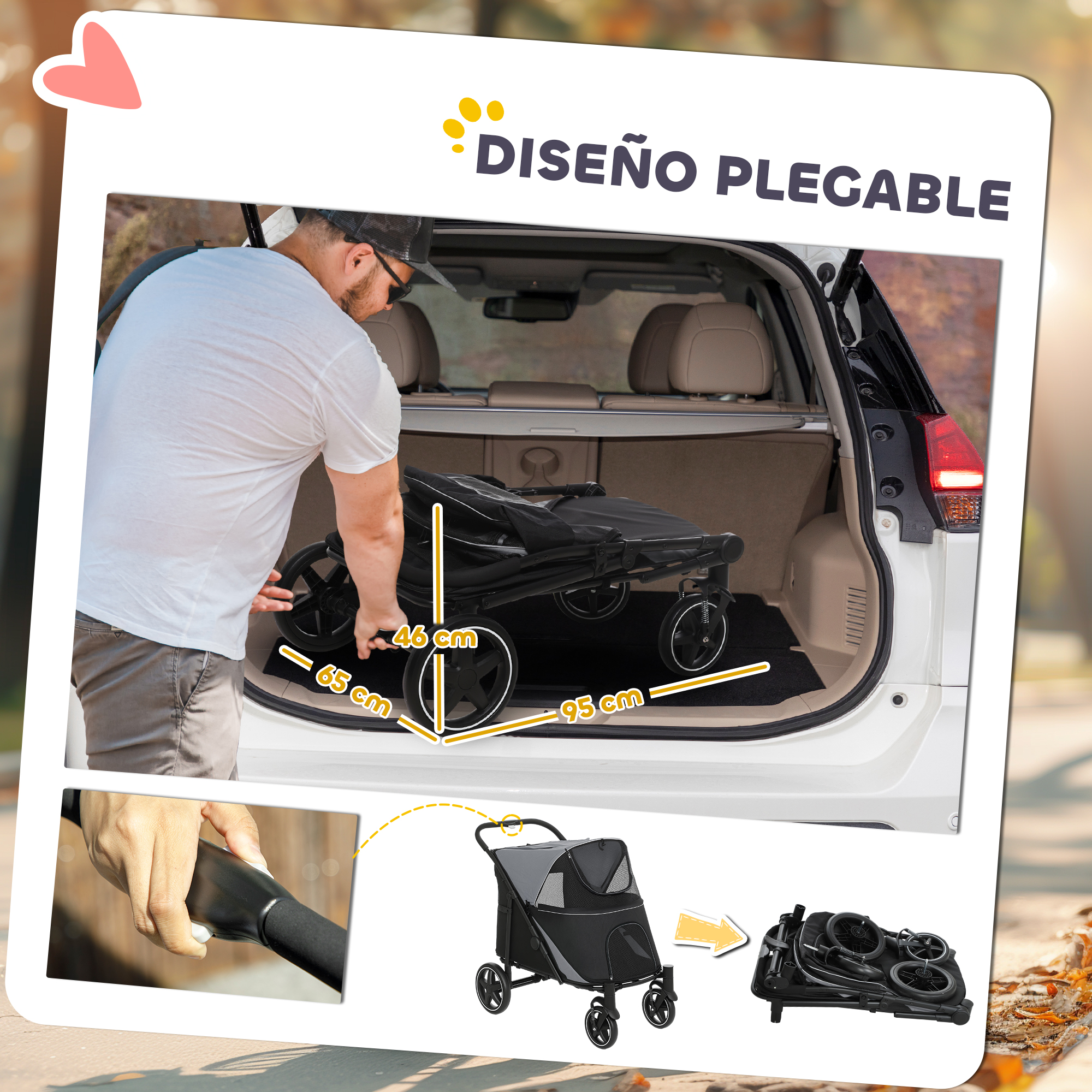 Hombre carga un cochecito negro en un coche. Se muestran las dimensiones.