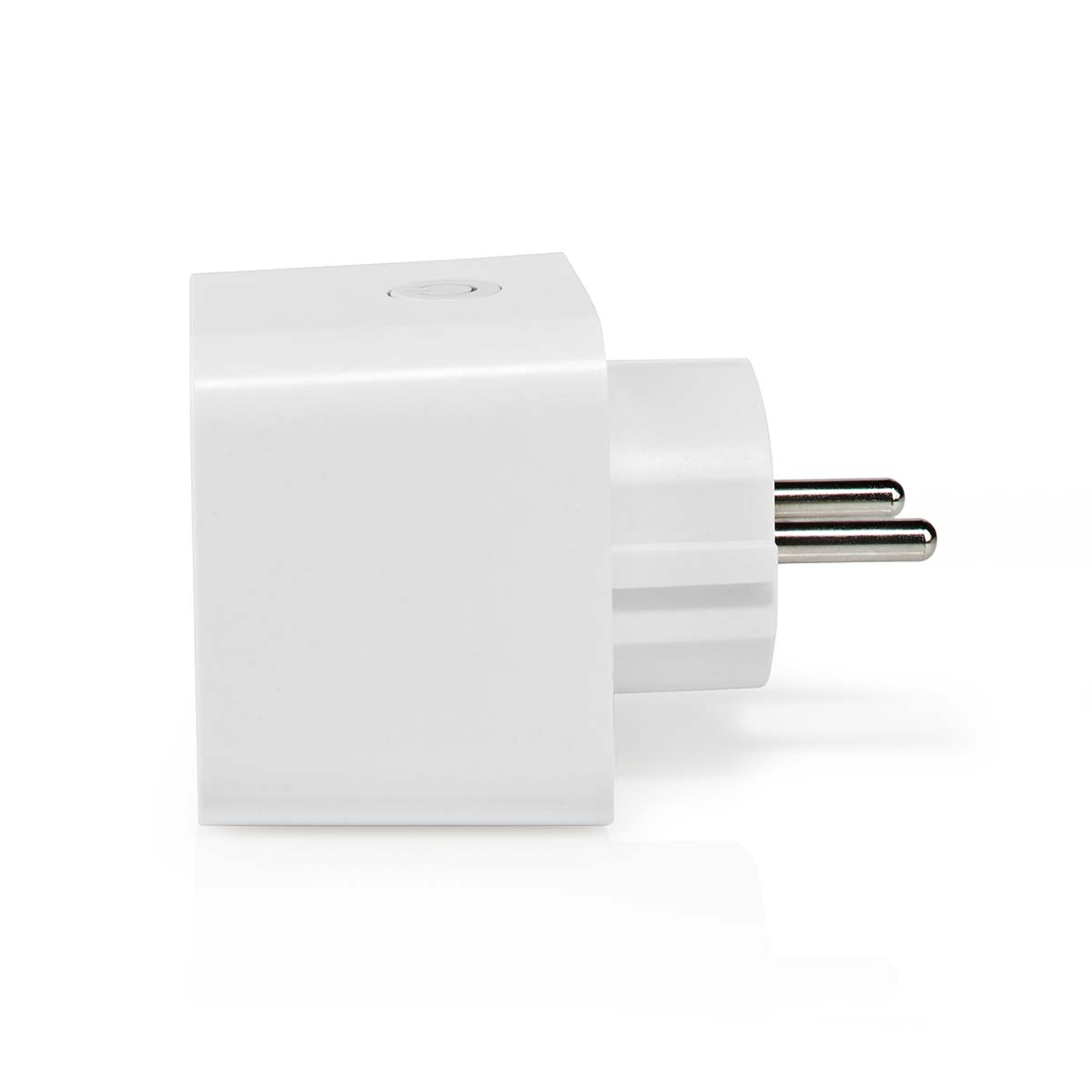 A white plug with two metal prongs against a white background.
