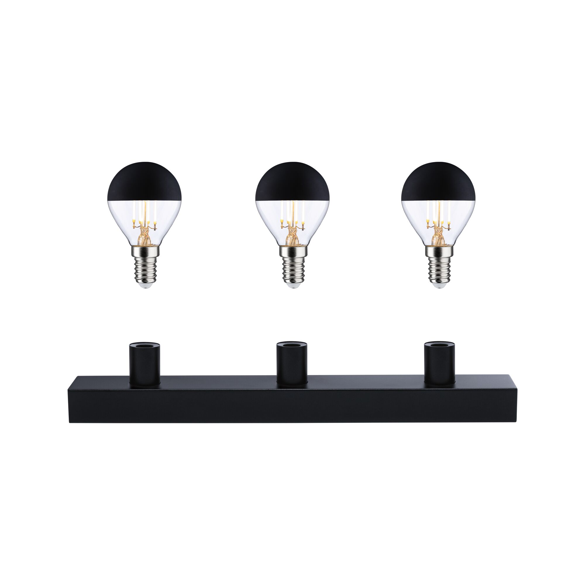 Trzy czarne żarówki nad czarną podstawą.