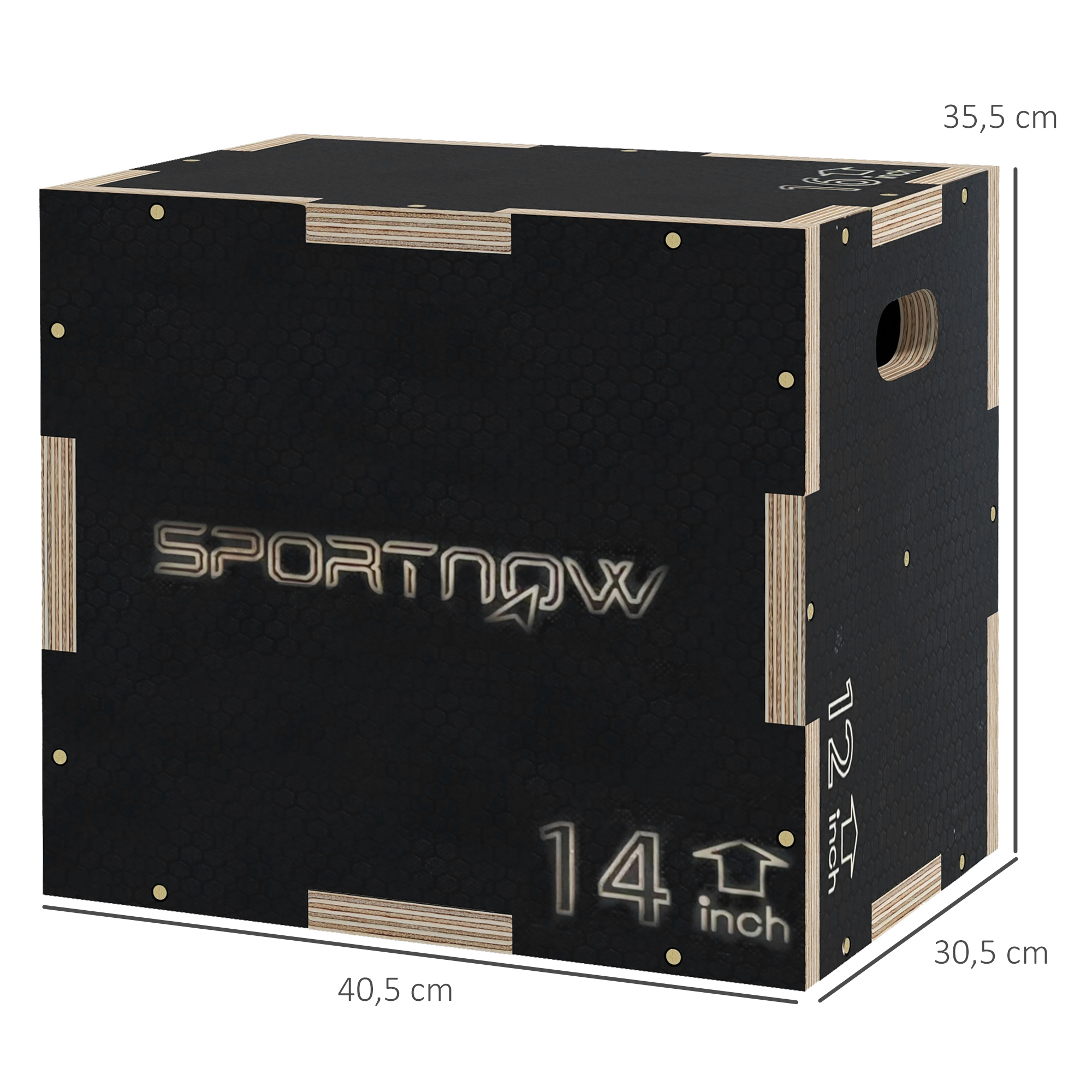 Caja de madera negra con estampado 'SPORTNOW', 14 y 12 pulgadas.