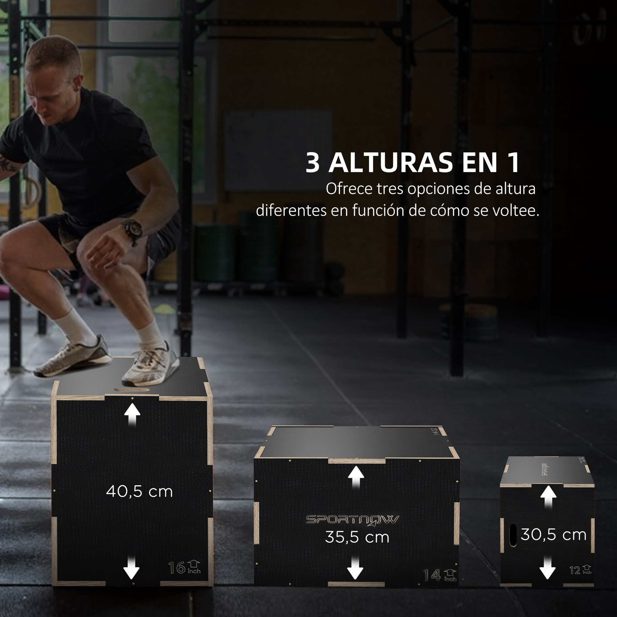 Un hombre salta sobre una caja. Se muestran tres cajas de diferentes alturas una al lado de otra.