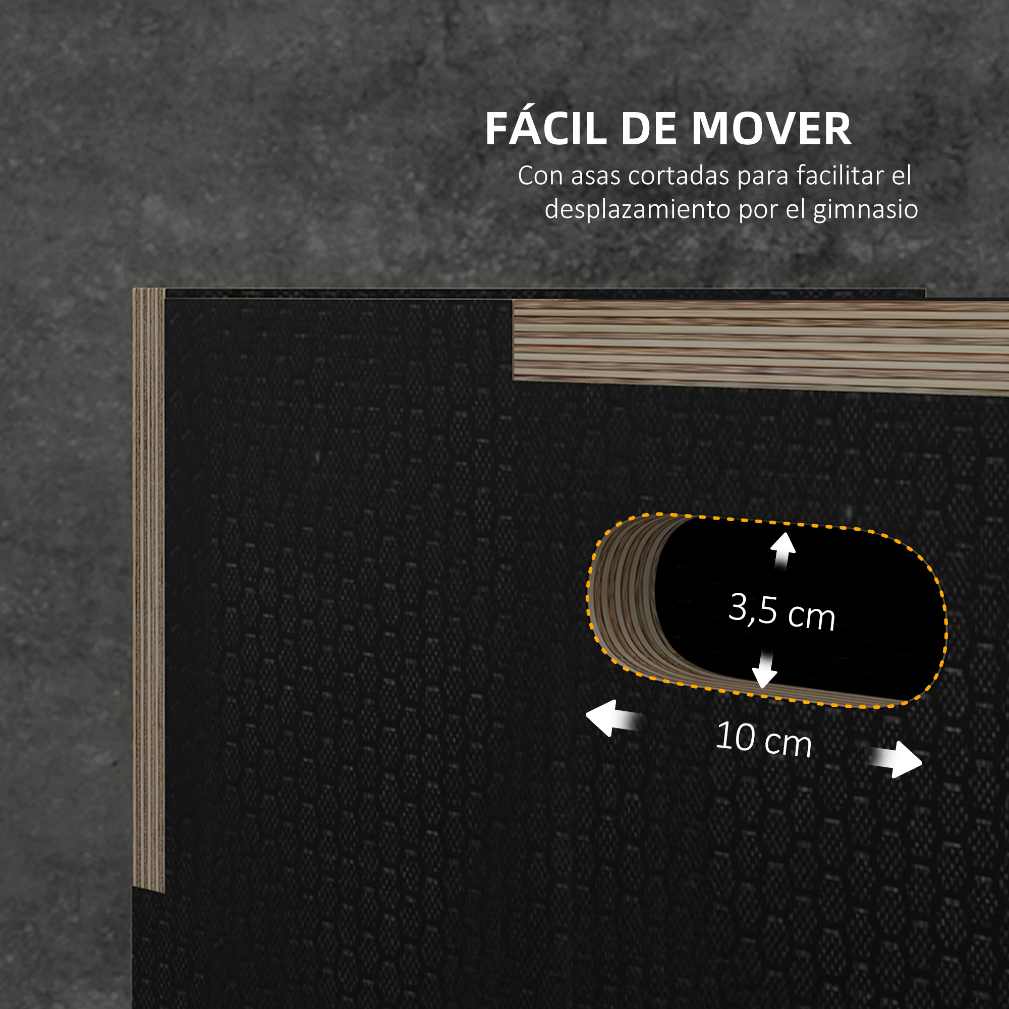 Panel negro con hueco para agarre, 3,5x10 cm, borde laminado madera.