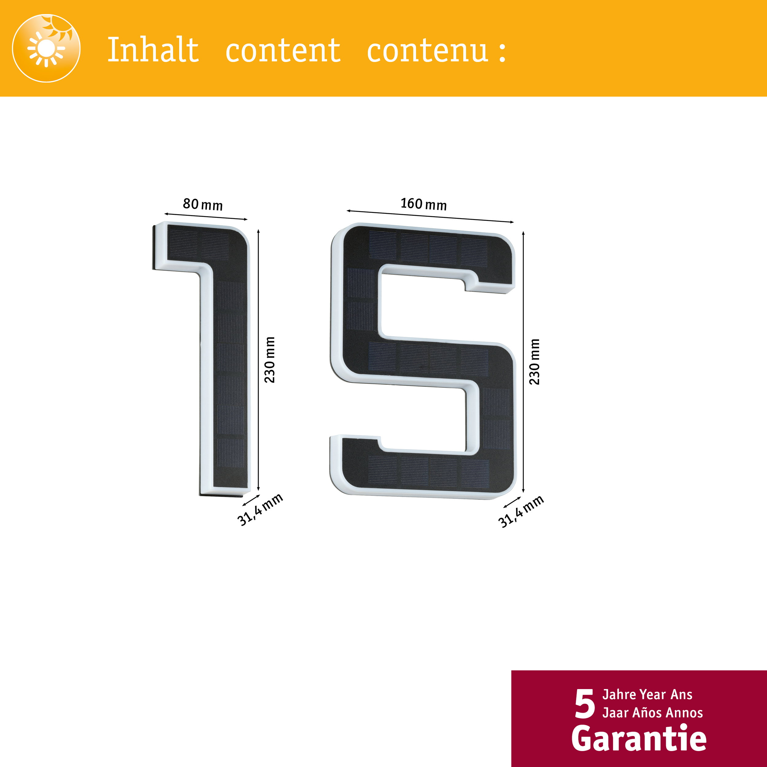 Dwie lampki solarne w kształcie cyfr 1 i 5 z wymiarami.