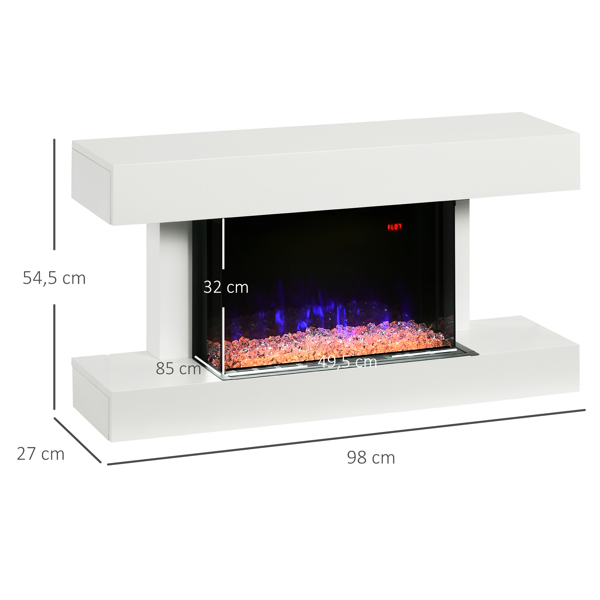 Moderno hogar blanco con chimenea eléctrica integrada y llamas azules.