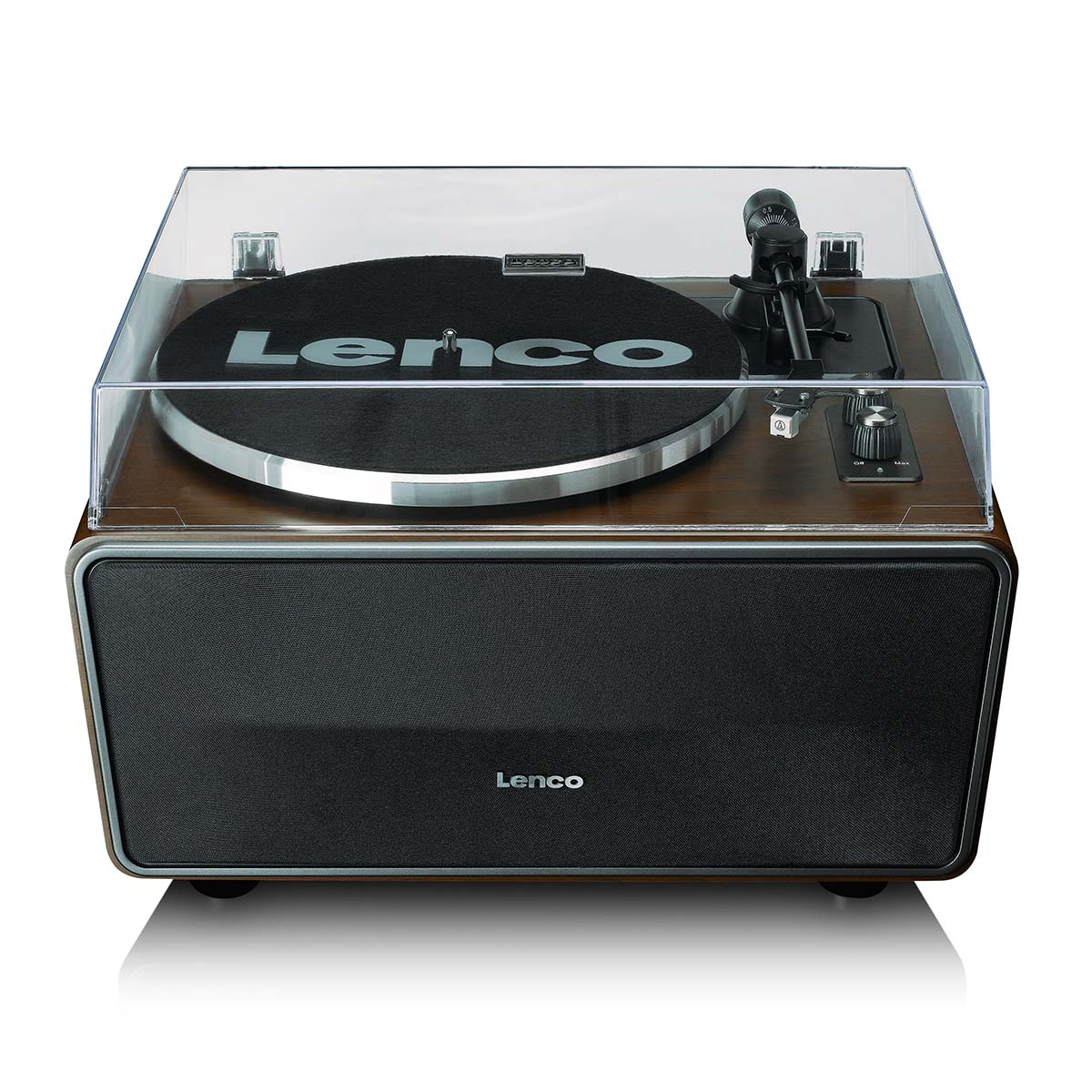 A wooden-plinth record player with a black platter, tonearm, and clear lid.
