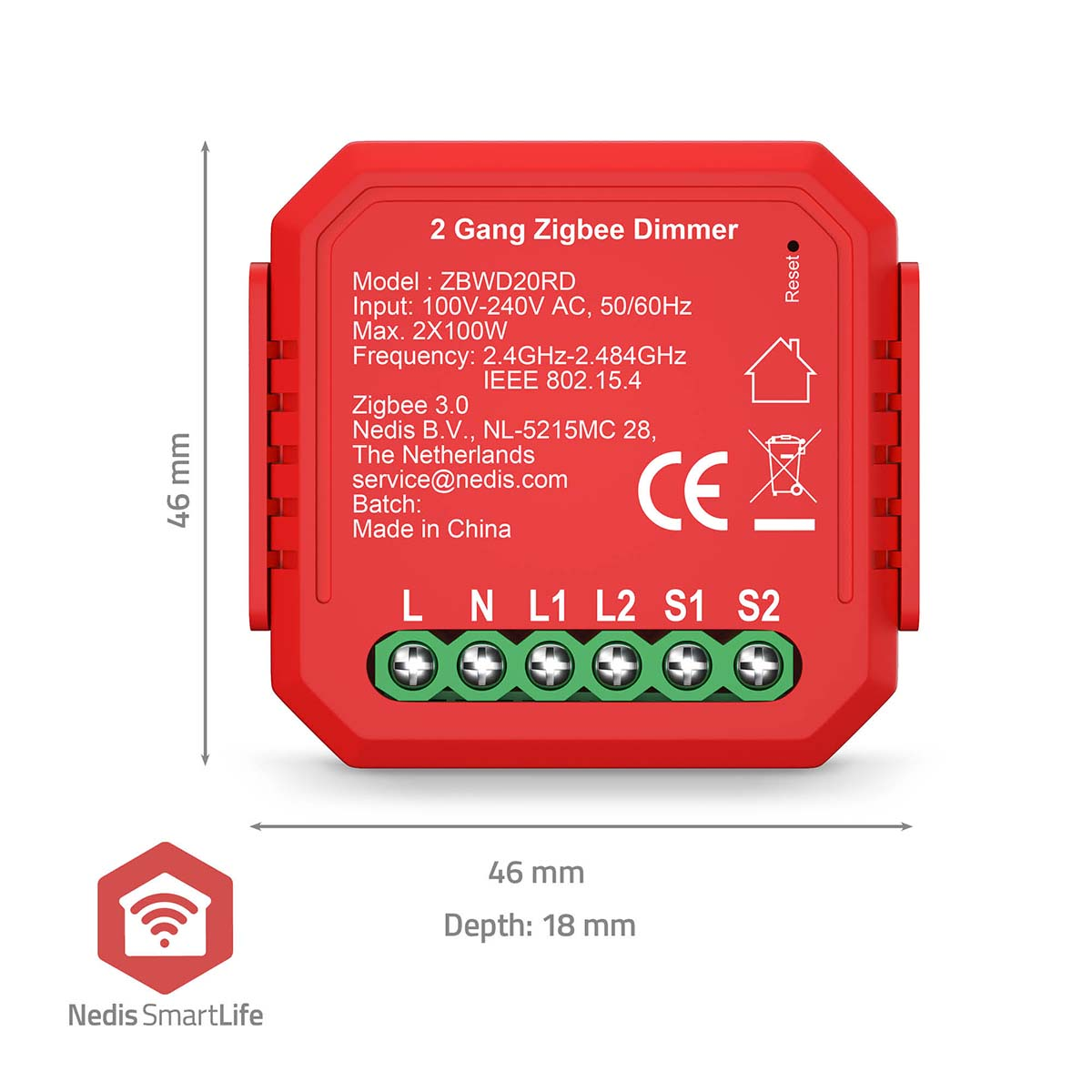 Rode Zigbee dimmer met labels en aansluitingen. Afmetingen 46x46x18mm.