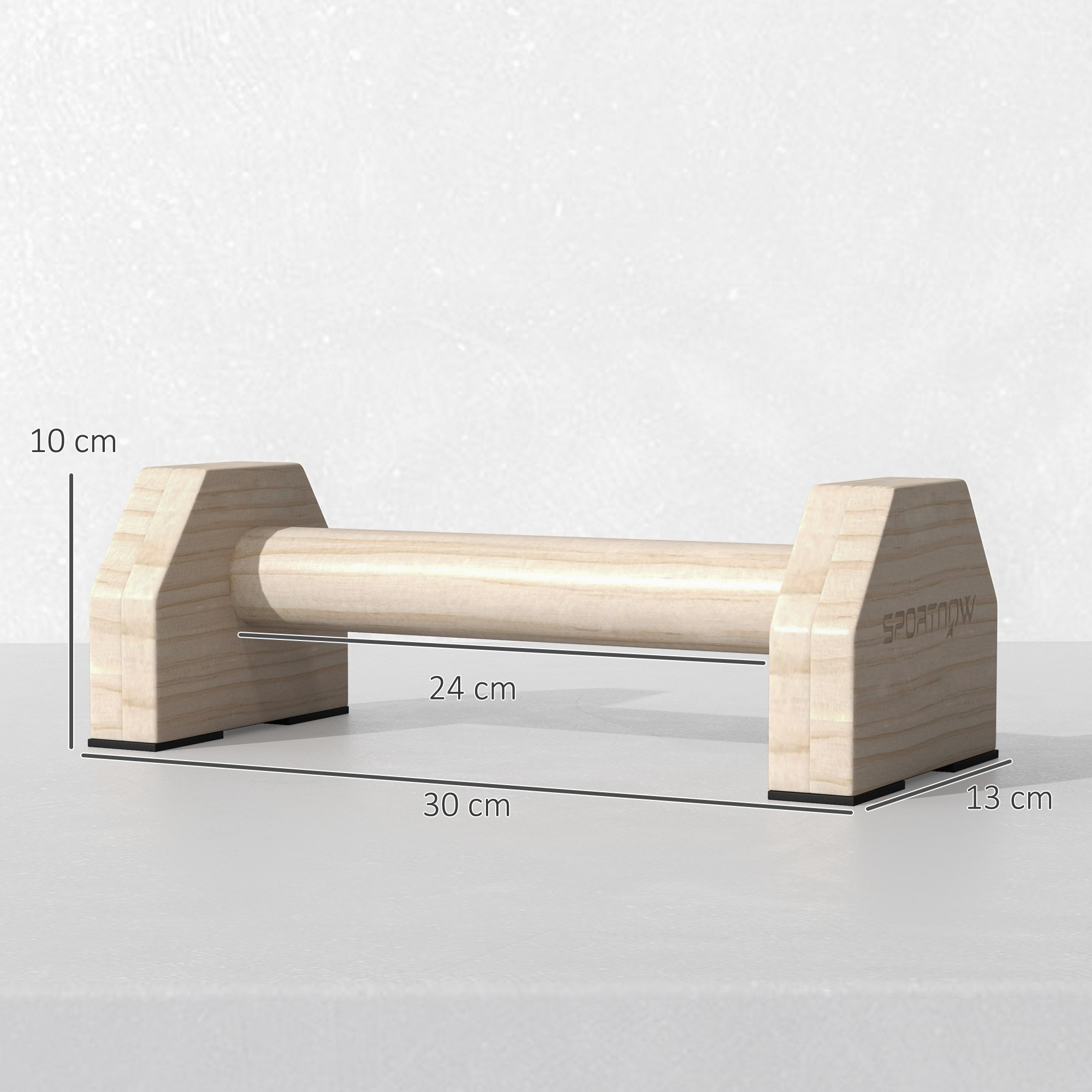 Una paralela de madera de 30x13x10cm. La barra mide 24cm.