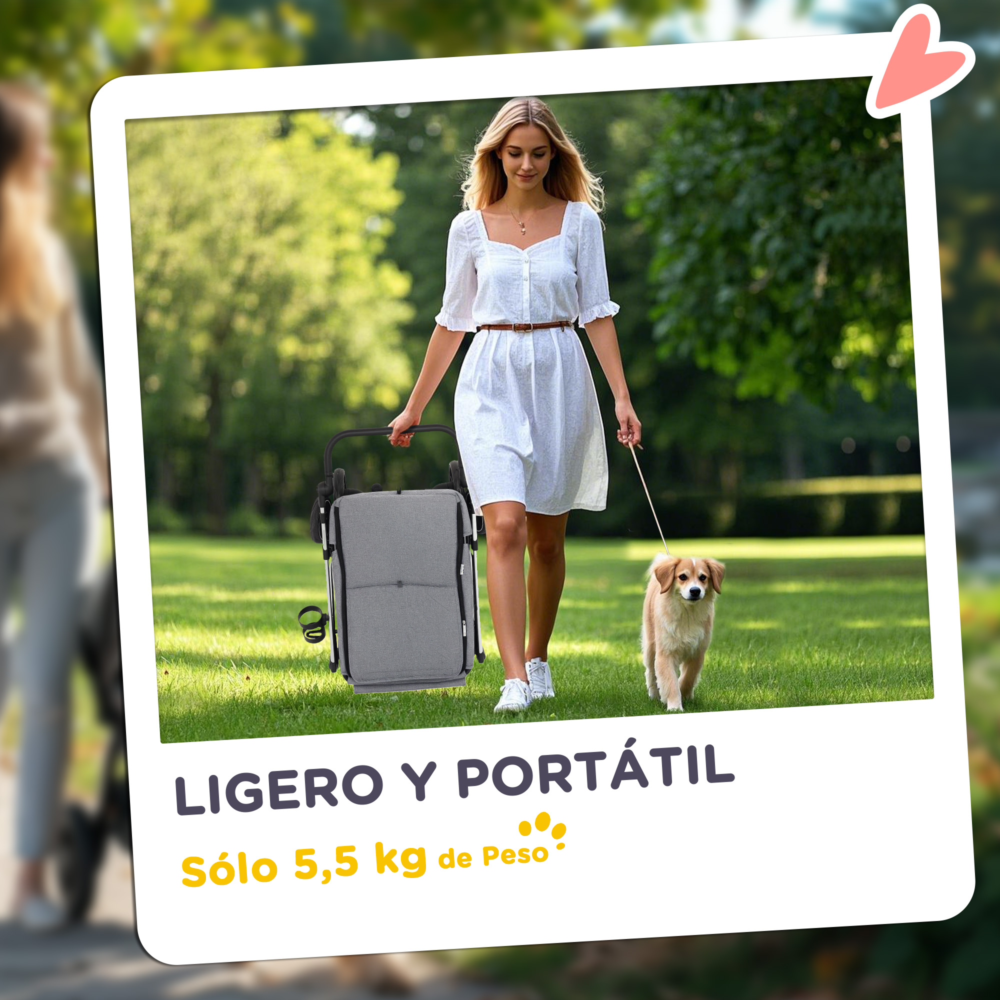 Una mujer con vestido blanco pasea un perro con correa y un carrito por el parque.