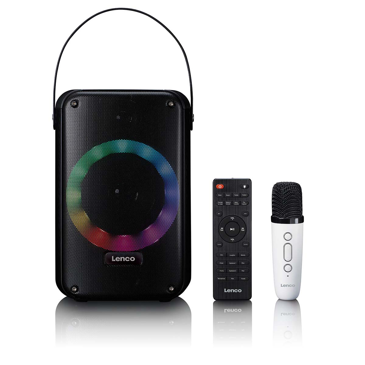 Zwarte luidspreker met regenboog-led, afstandsbediening en microfoon.