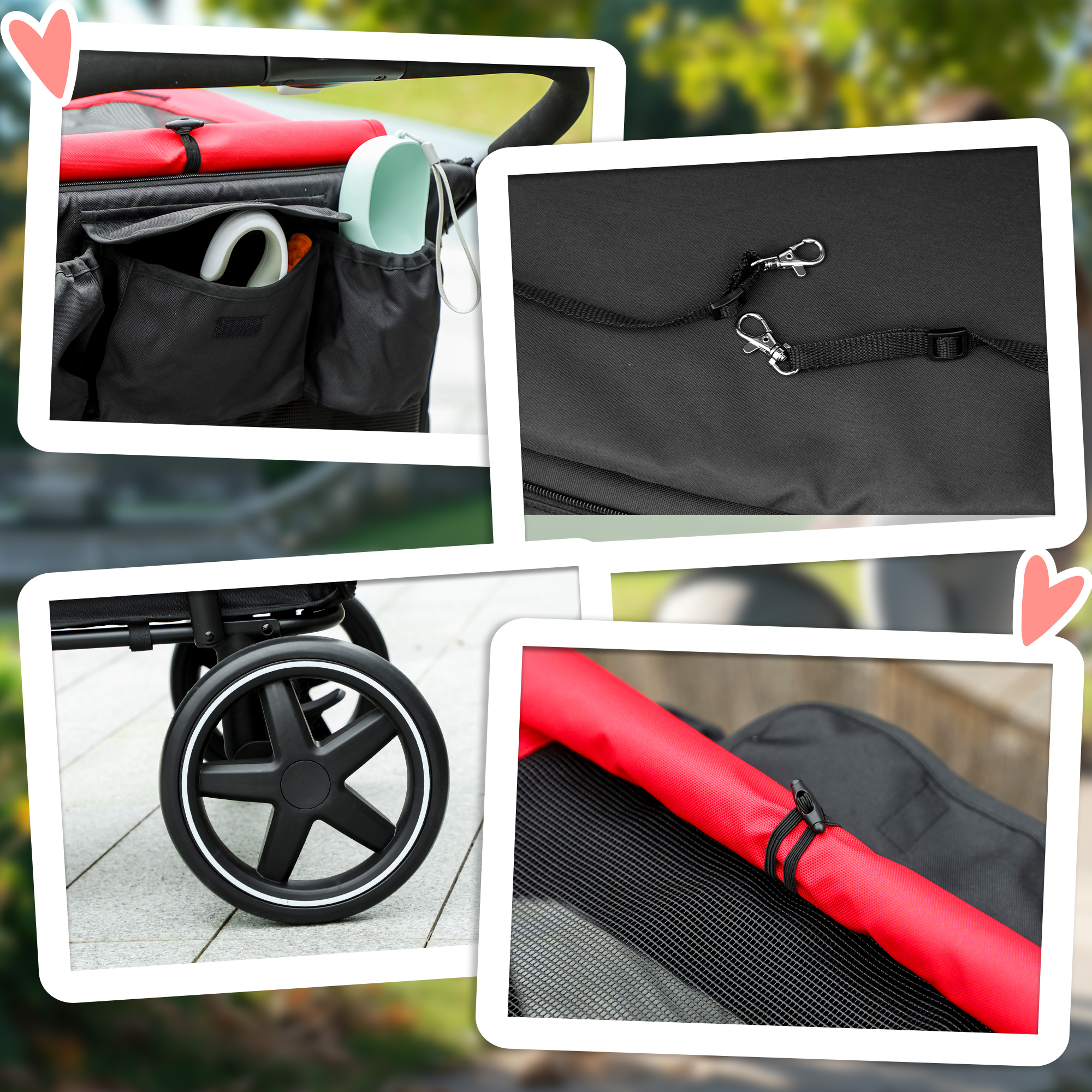 Primer plano de accesorios para cochecito con bolsillos negros, tela roja y una rueda.