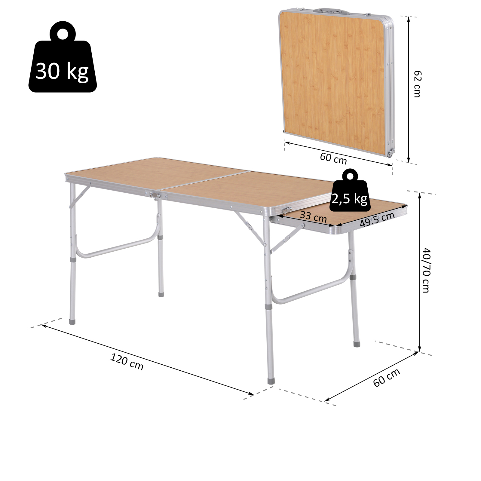 Una mesa plegable de madera y metal con dimensiones y peso indicados.