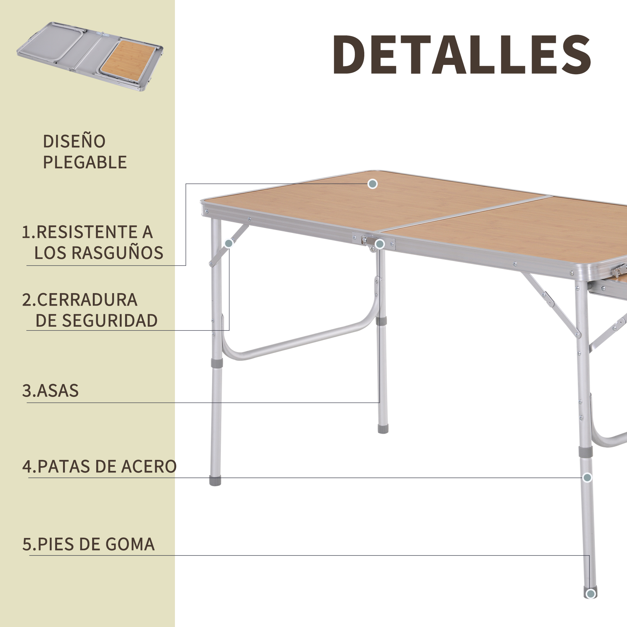 Una mesa plegable con tapa laminada de madera y patas de aluminio.