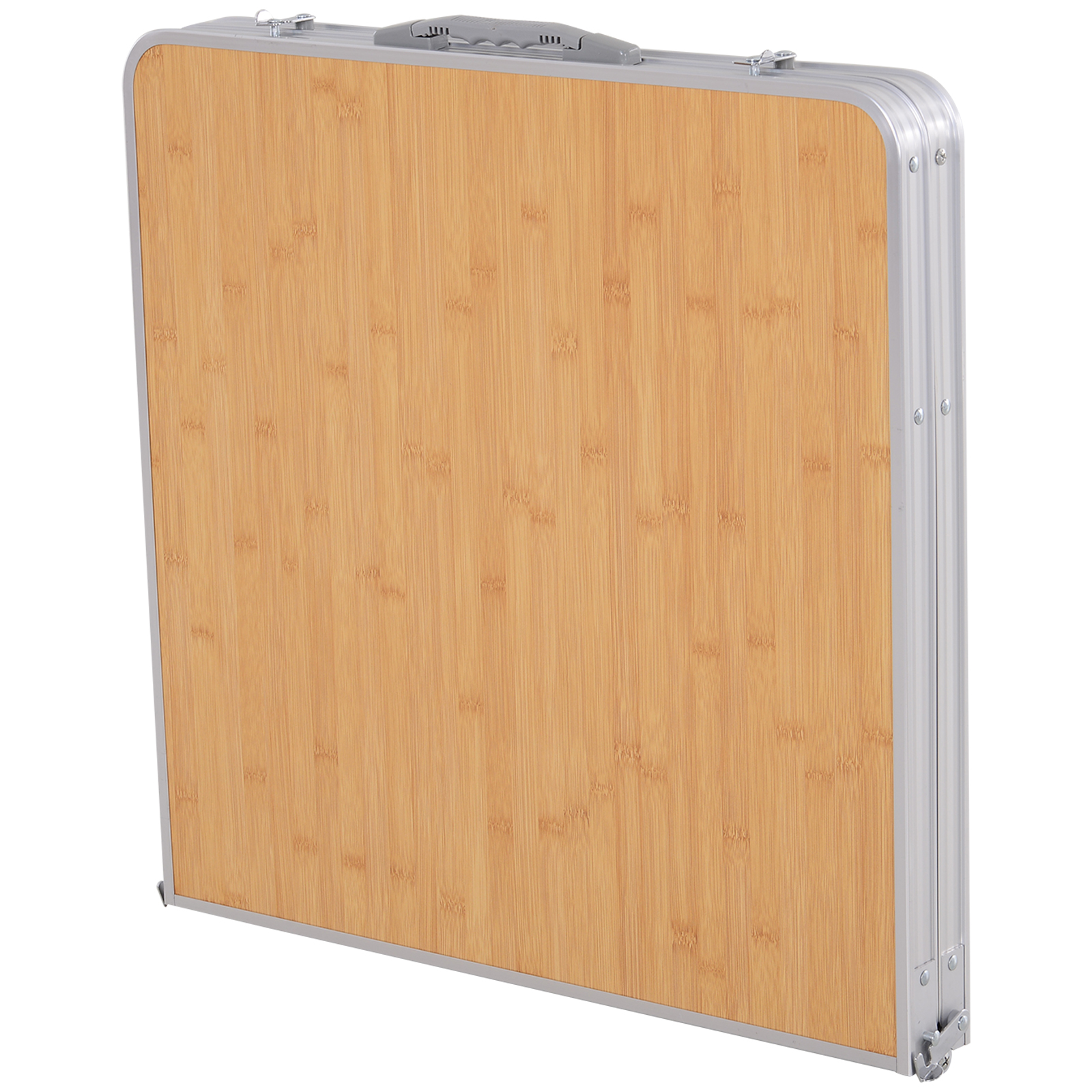 Una mesa portátil cerrada con superficie de madera y marco plateado.