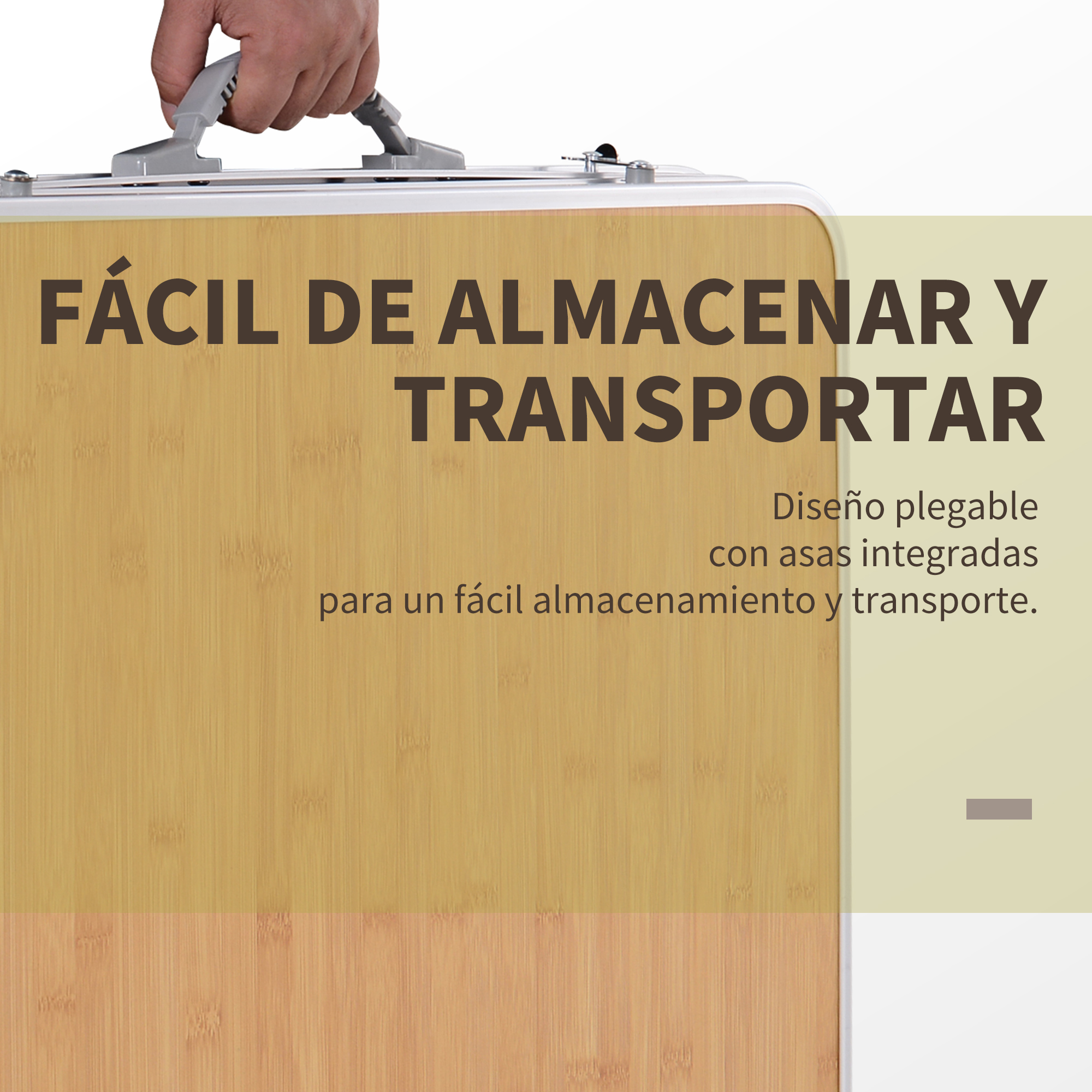 Mano agarra asa de cofre plegable con veta de madera.