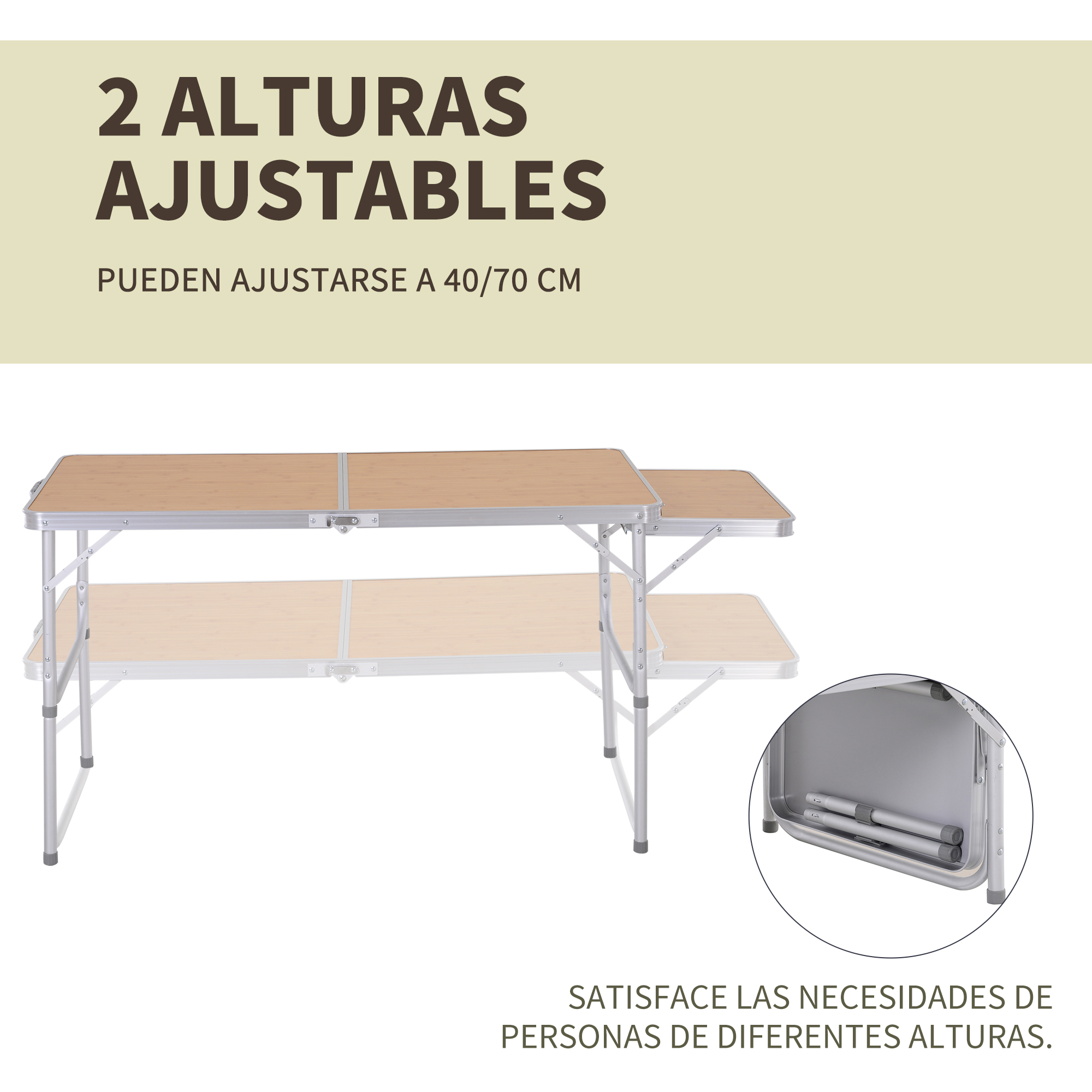 Mesa ajustable de dos alturas y dos estantes, plegable.