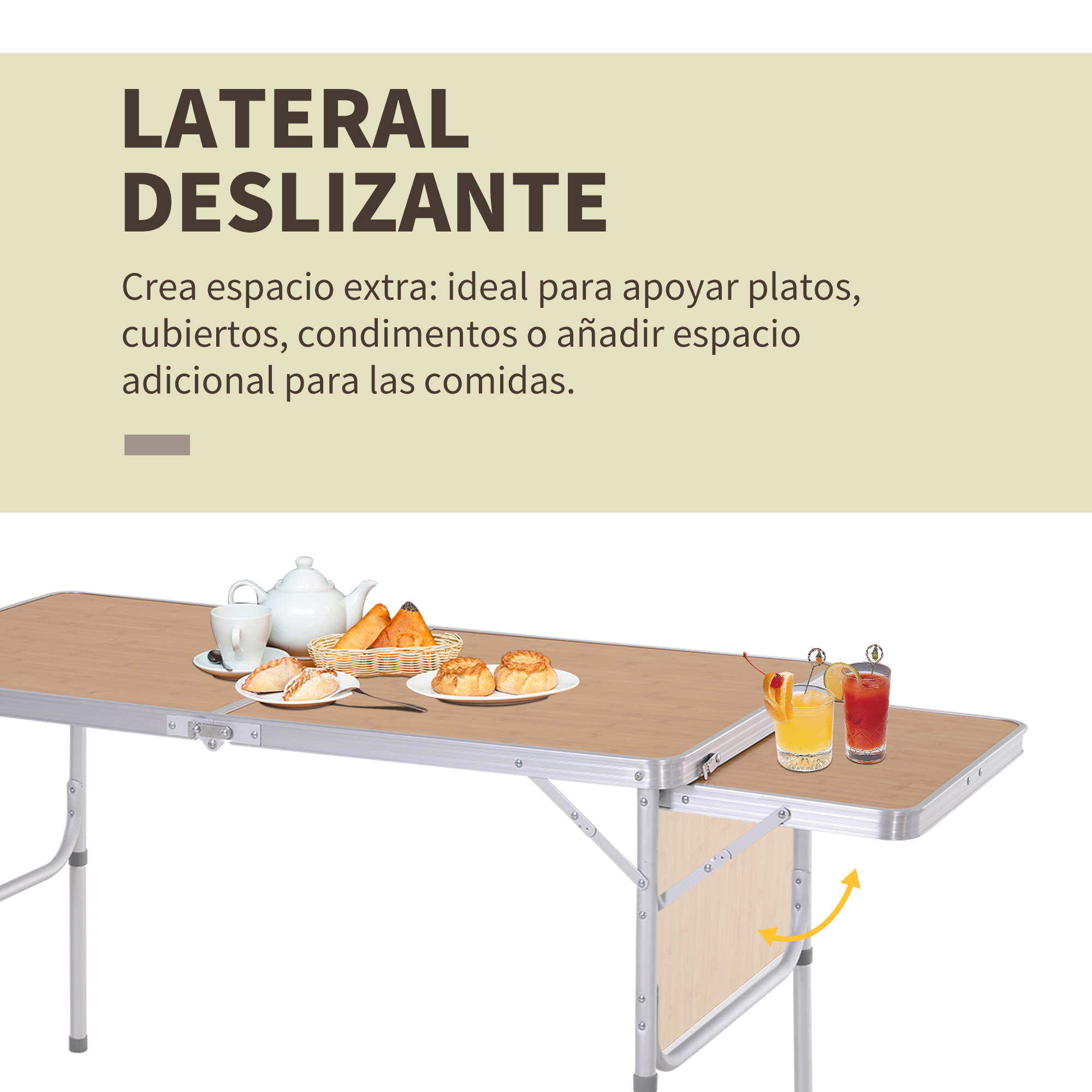 Una mesa deslizante con desayuno y bebidas.