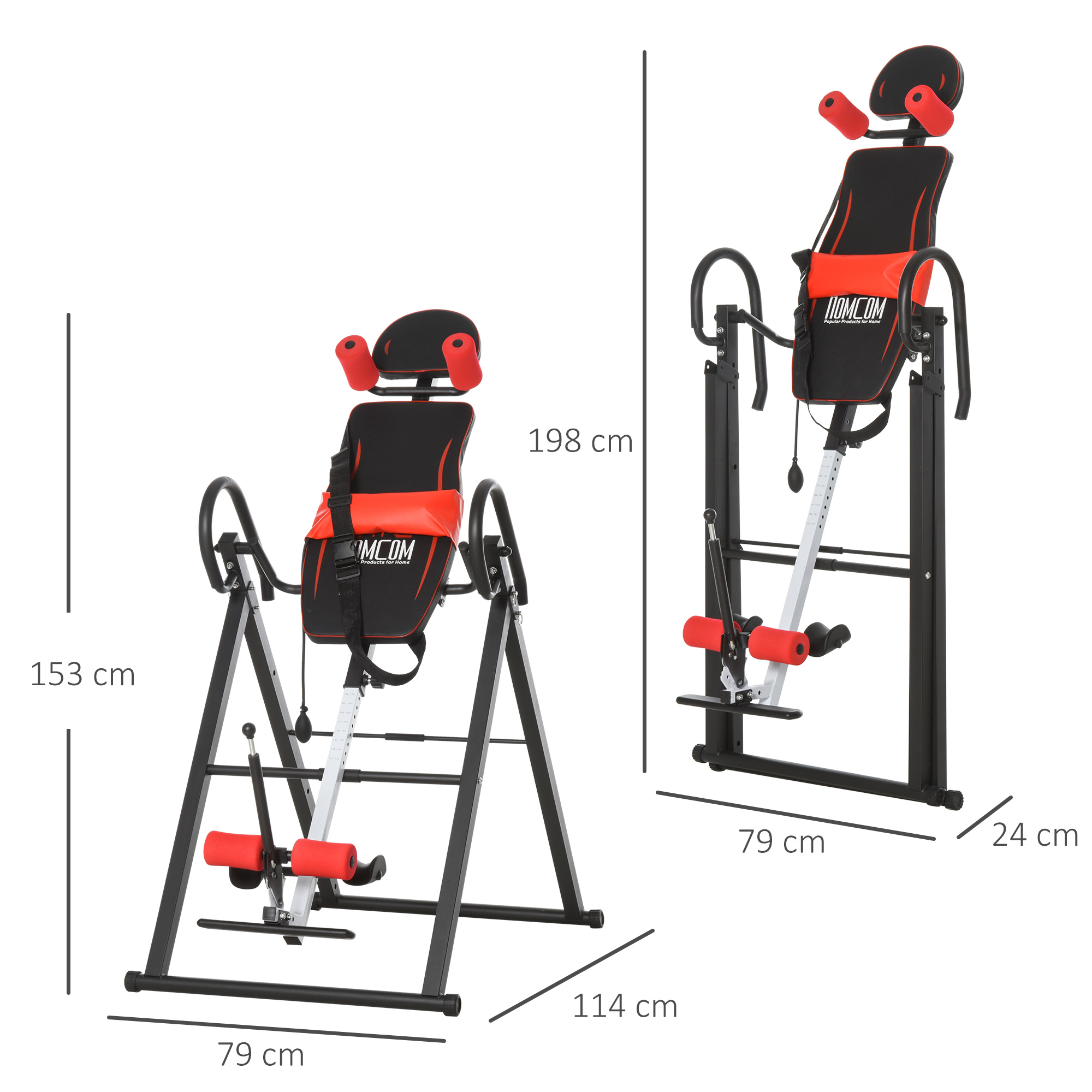 Mesa de inversión negra y roja con dimensiones de 153 cm y 198 cm de altura.