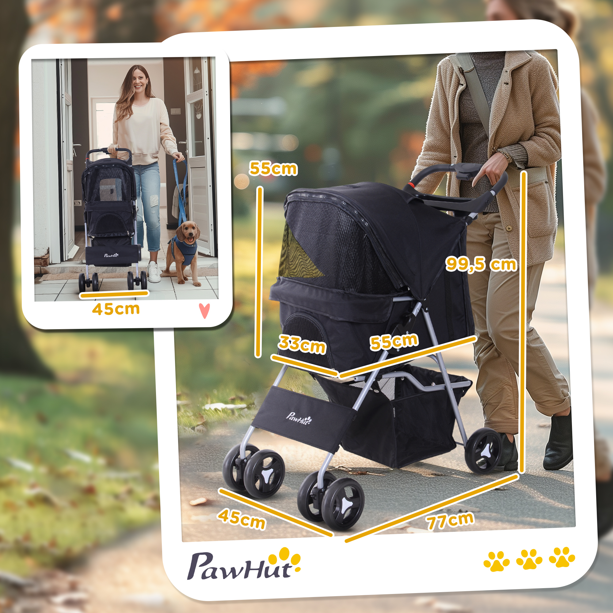 Un cochecito para perros de 99,5x55x45cm es empujado por una mujer.