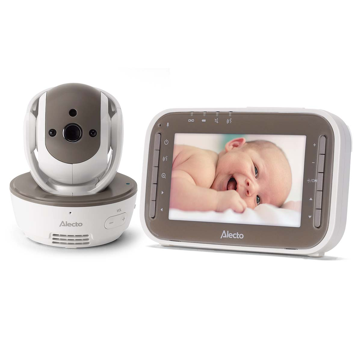 Ein Babyfon mit Kamera und Monitor, das ein Baby zeigt.