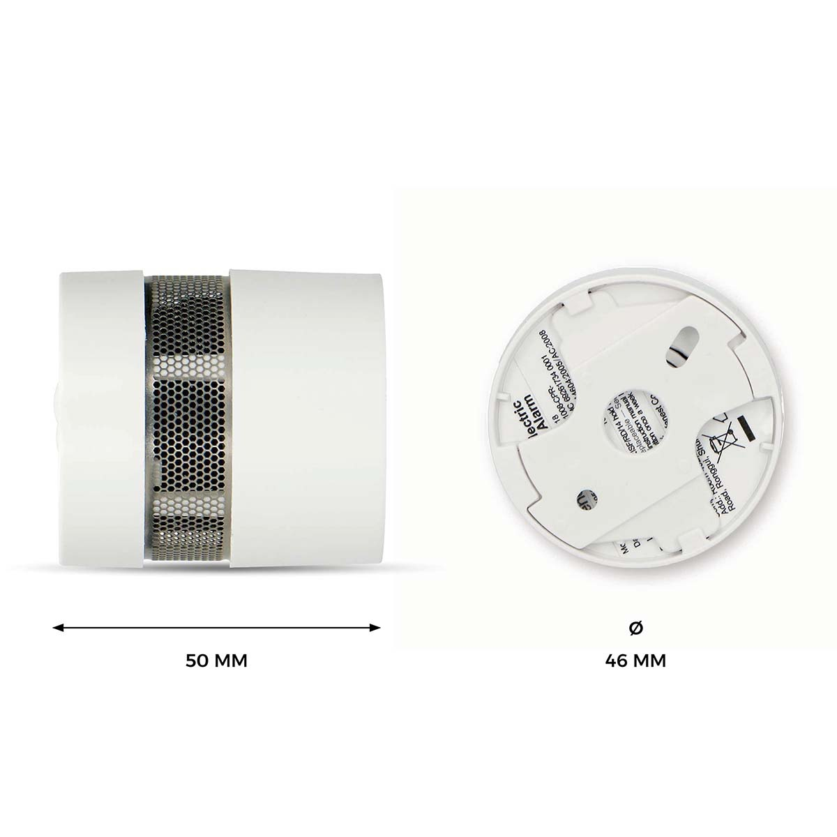 Détecteurs de fumée blancs avec grilles de ventilation et texte, 50 mm et 46 mm.