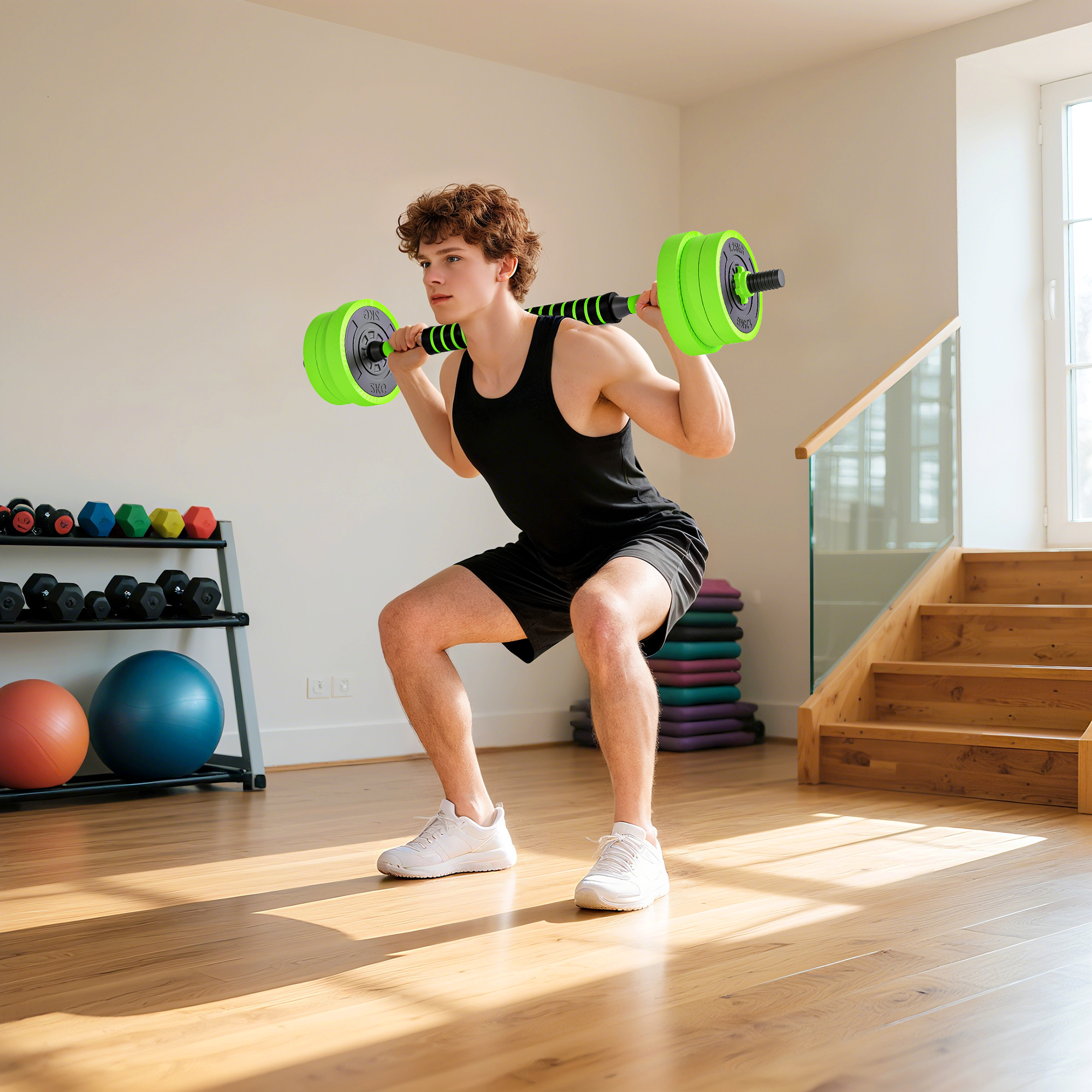 Un hombre hace sentadillas con una barra en un gimnasio en casa.