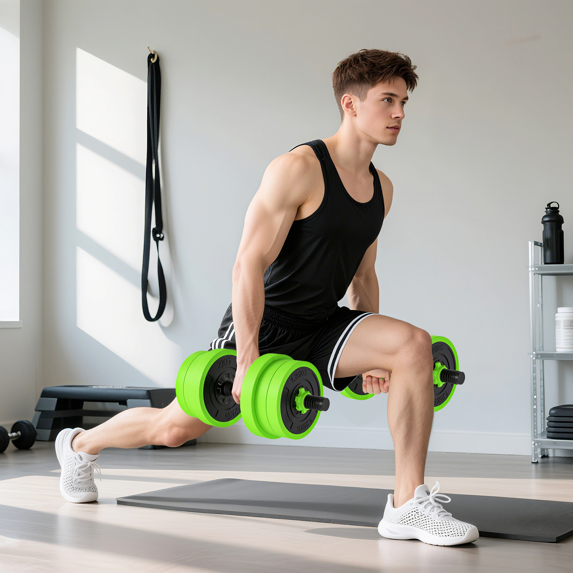 Un hombre hace una zancada con mancuernas verdes en un gimnasio.
