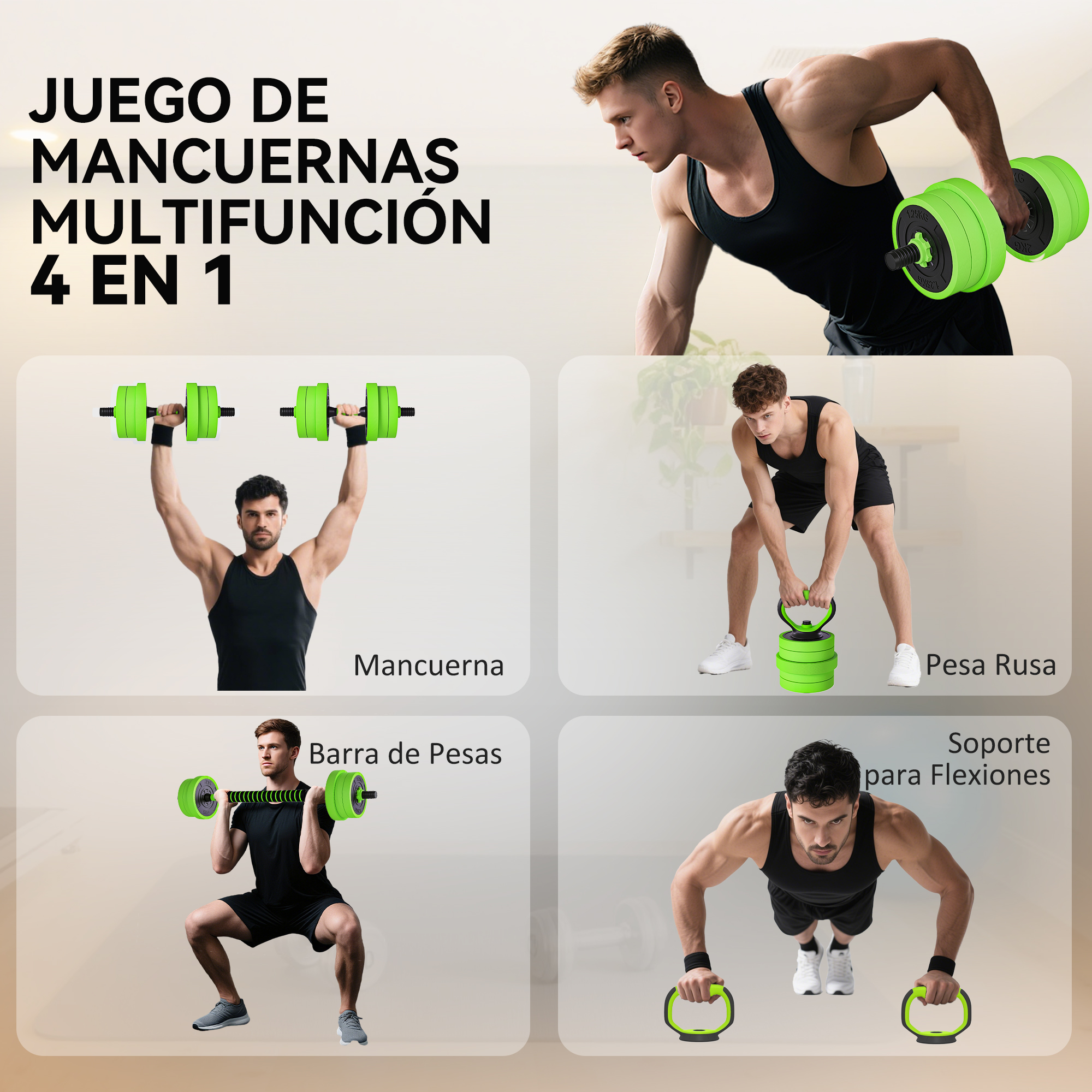 Un hombre levanta una pesa verde, otro hace flexiones con agarres.
