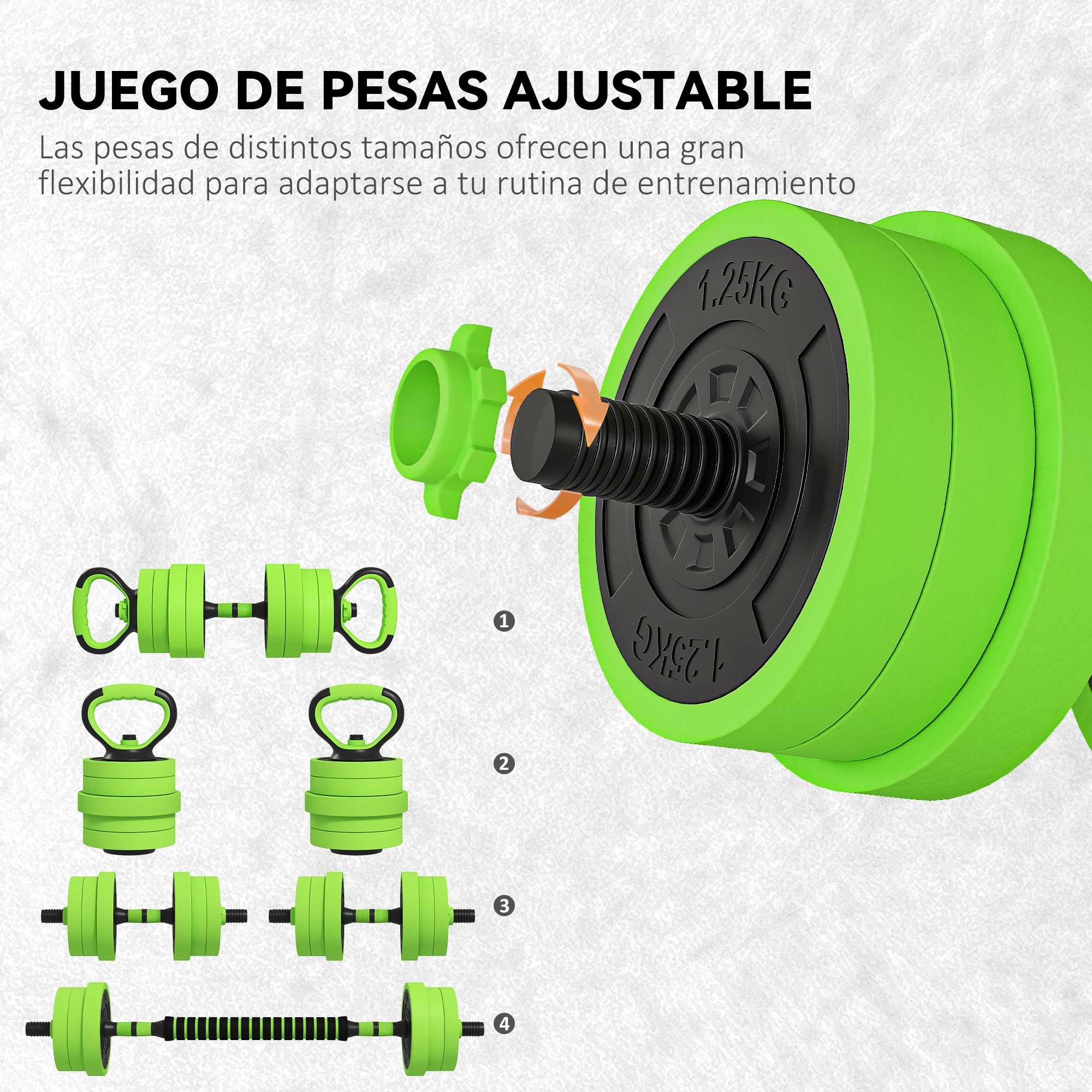 Juego de mancuernas ajustables en verde y negro con pesas y mangos.
