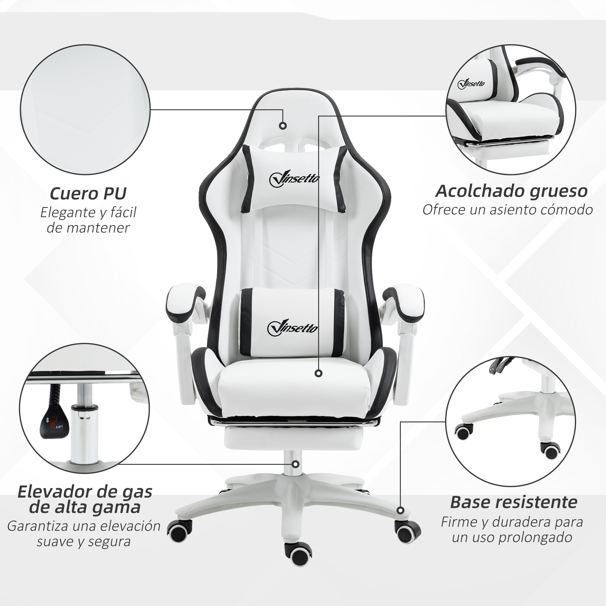 Una silla gaming blanca y negra con reposapiés extraíble y anotaciones.