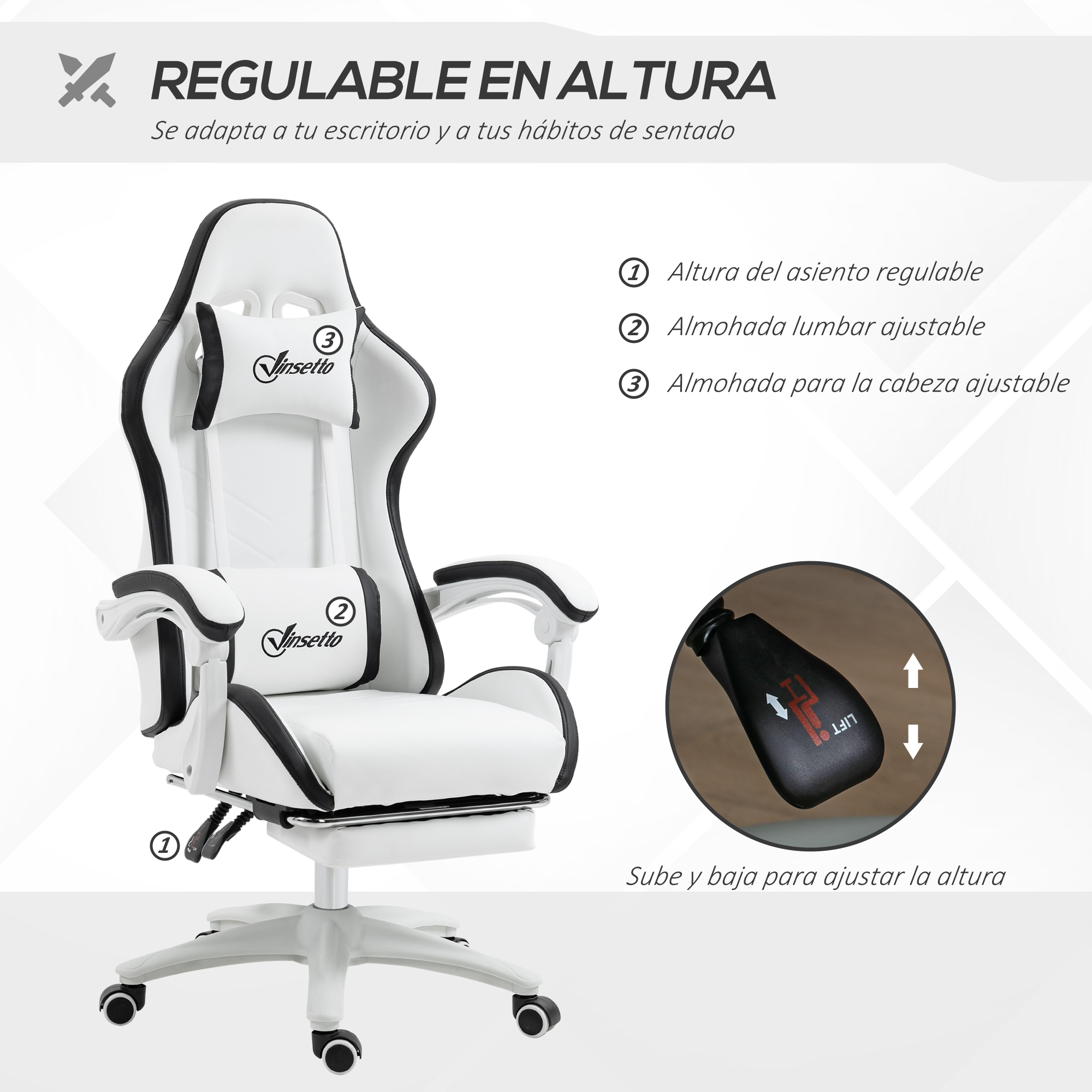 Silla de juego blanca con detalles en negro, altura ajustable.