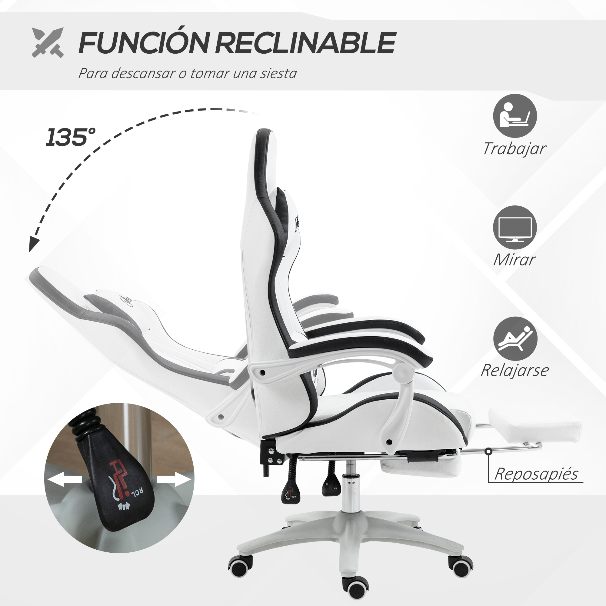 Silla gaming blanca con respaldo ajustable, reposapiés y función reclinable hasta 135°.