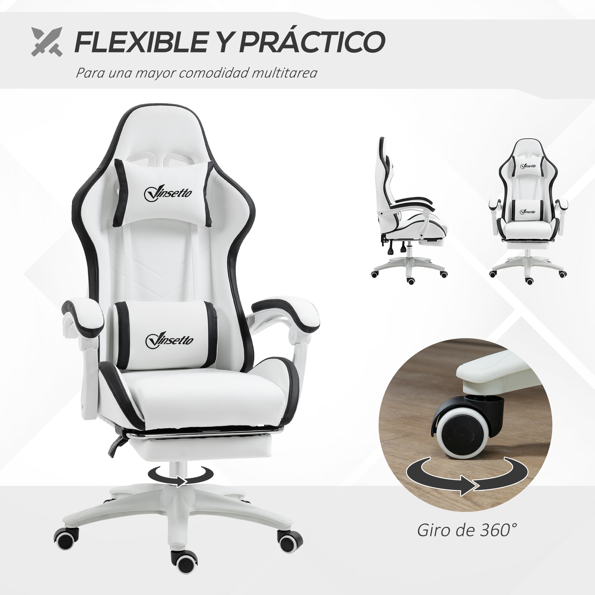 Una silla gamer blanca con detalles negros, cojín cervical y lumbar.