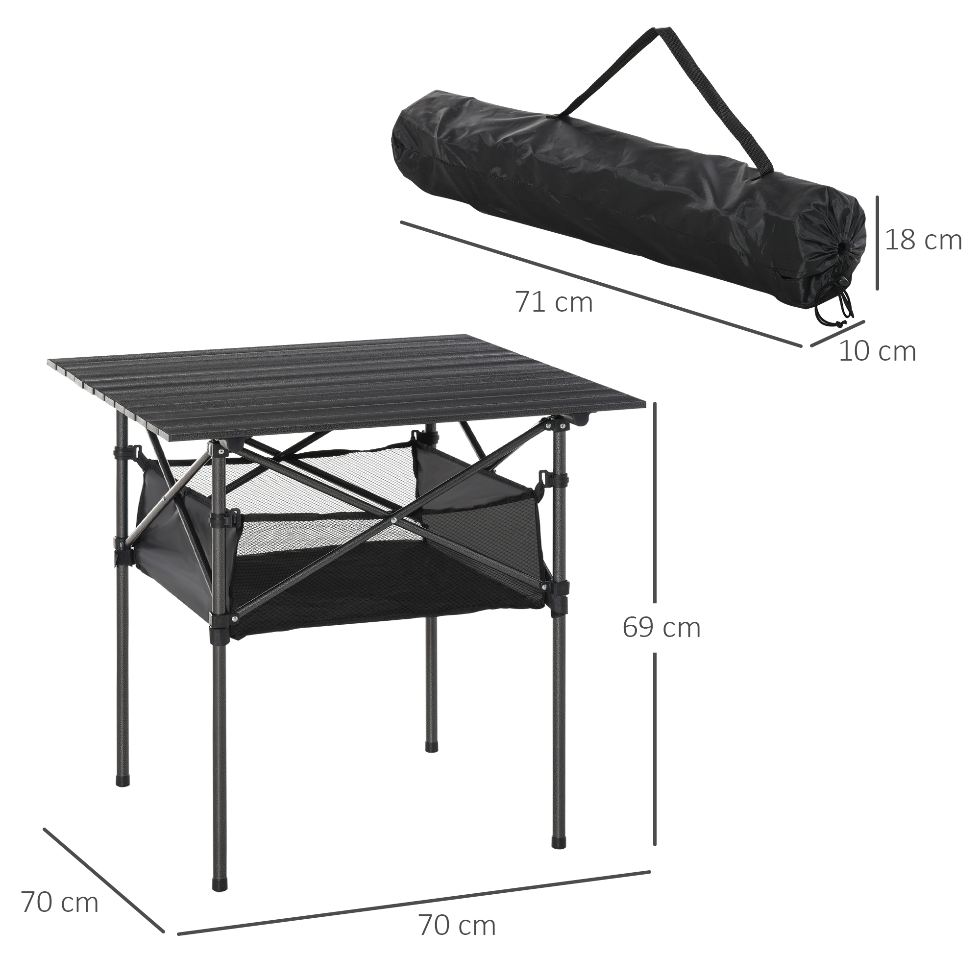 Mesa de camping negra (70x70x69cm) y bolsa de transporte (71x18x10cm).