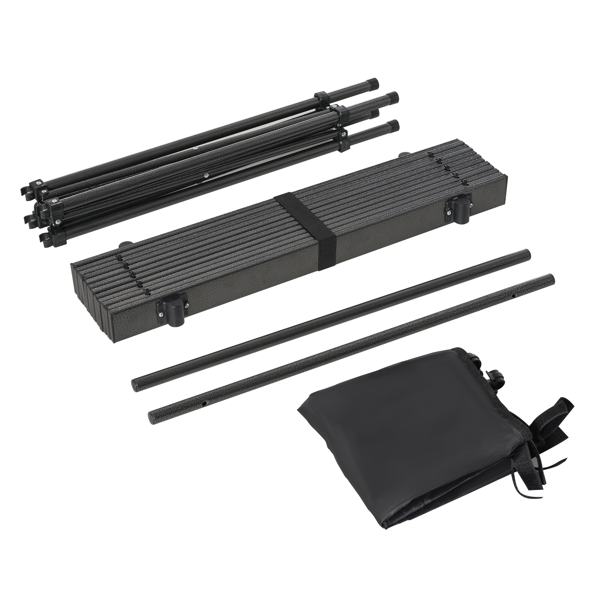 Un armazón de tienda desmontable de metal oscuro con bolsa.