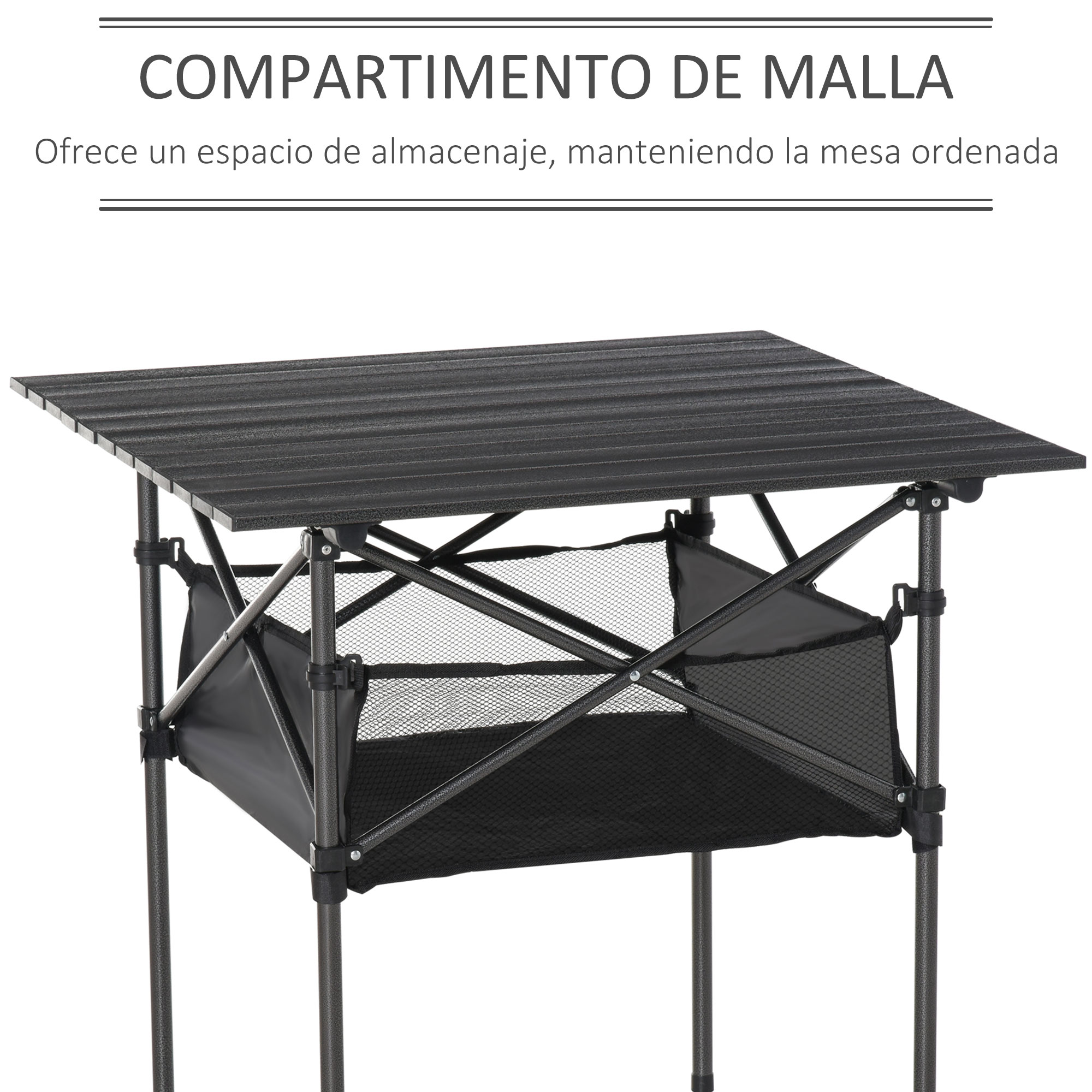 Mesa de camping negra con almacenamiento de malla debajo del tablero.
