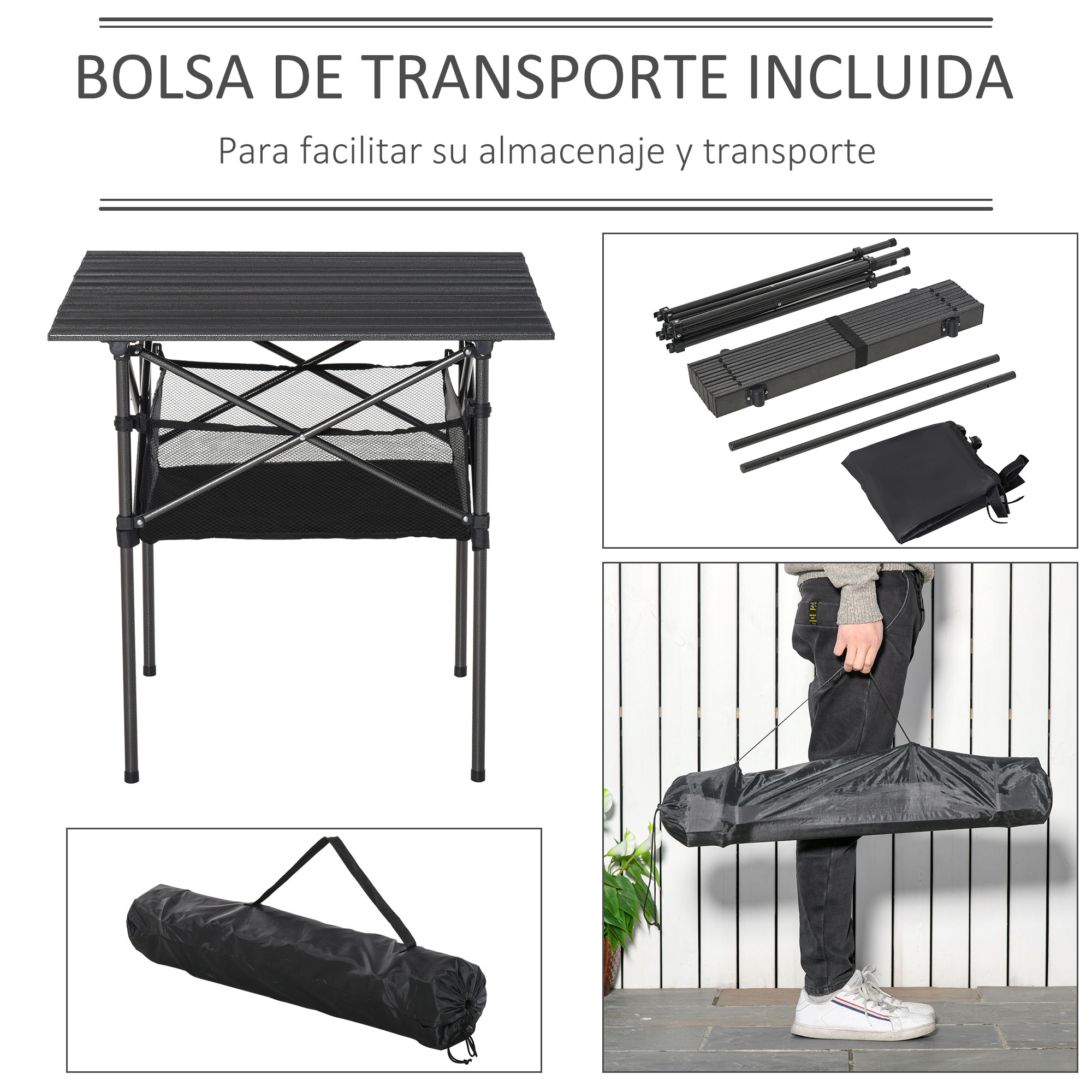 Una mesa plegable gris con red de almacenamiento y piezas desmontadas en una bolsa.