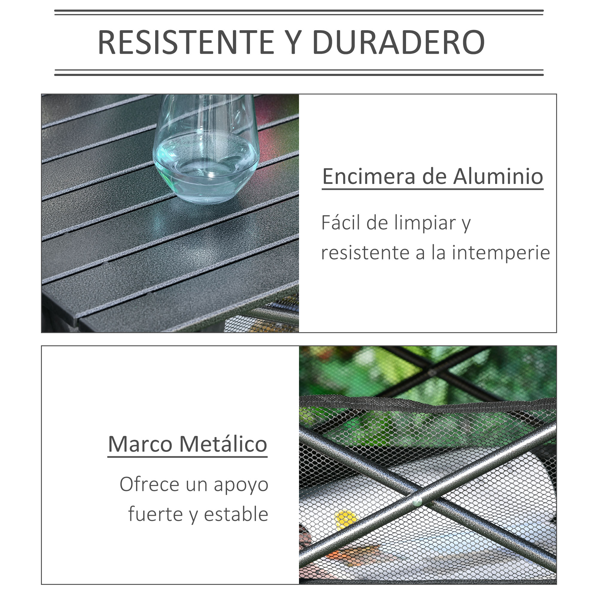 Un vaso de agua sobre una mesa de aluminio. Marco metálico con malla.